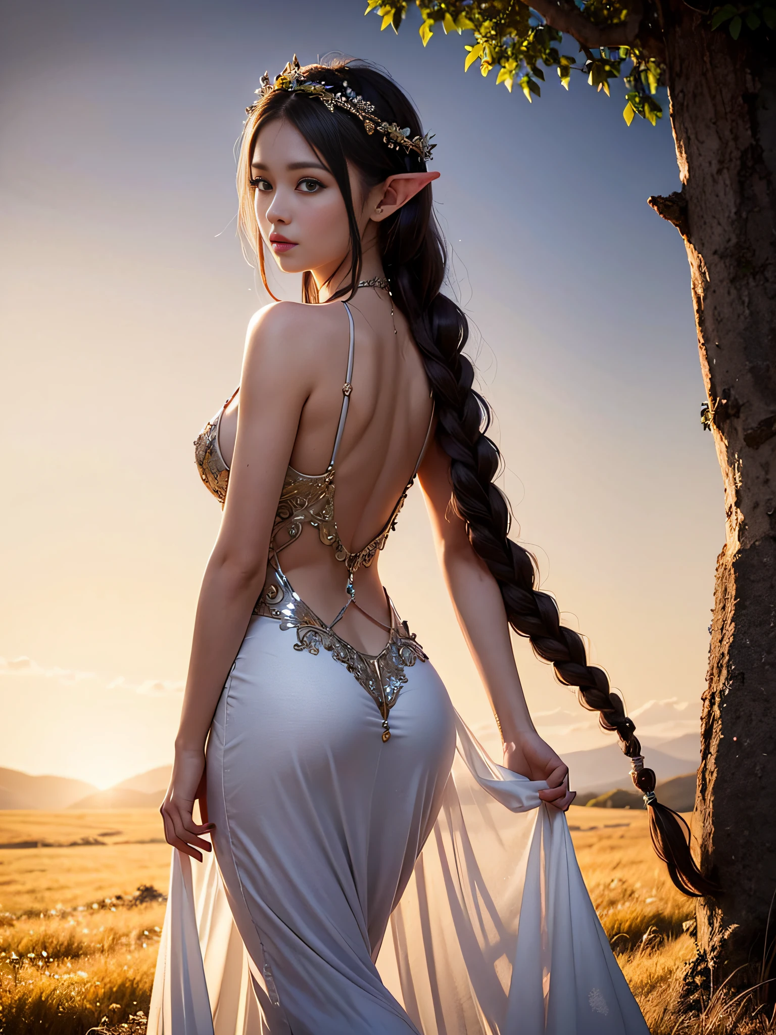 Graceful elven girl standing in meadow, Delicate face illuminated by the soft light of the setting sun. Her long, Flowing hair runs down your back, Decorated with intricate braids、Adorned with sparkling gemstones. This stunning picture is、、It captures the ethereal beauty of elves. Slender figure in a silk dress、Swaying in the soft steppe breeze. Attention to detail、Face that is、It is evident in the intricate patterns of the dress and the subtle highlights of the luminescence. skin. The breathtaking portrayal of the elven girl is、、Create an enchanting atmosphere、It invites the viewer to a magical world.