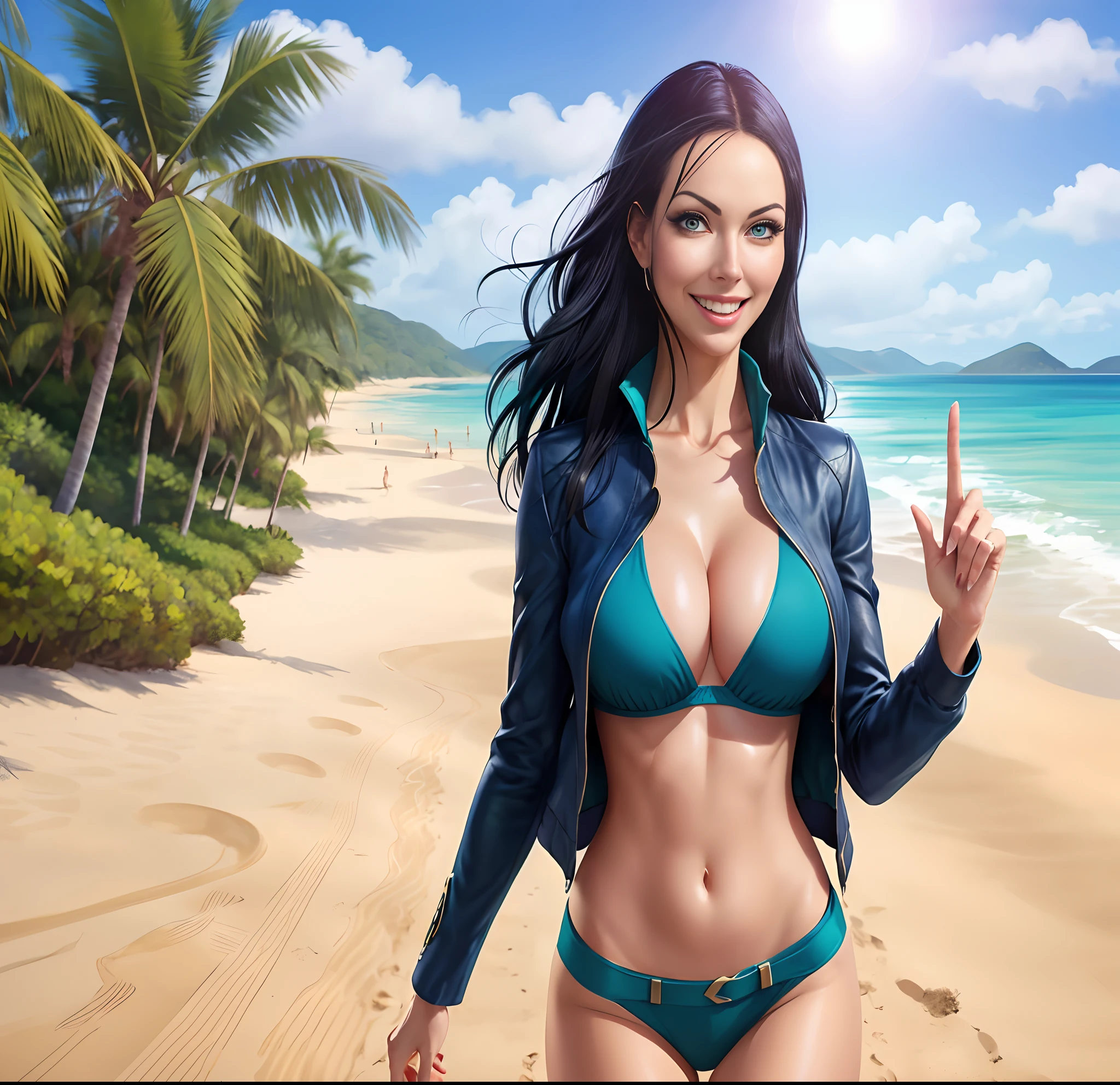 Absolutely realistic Nico Robin, Medium breast, stomach, cleavage, flawless skin, charming, smiling, long legs, blue eyes, blue sky, beach, walking, wearing sunglasses,