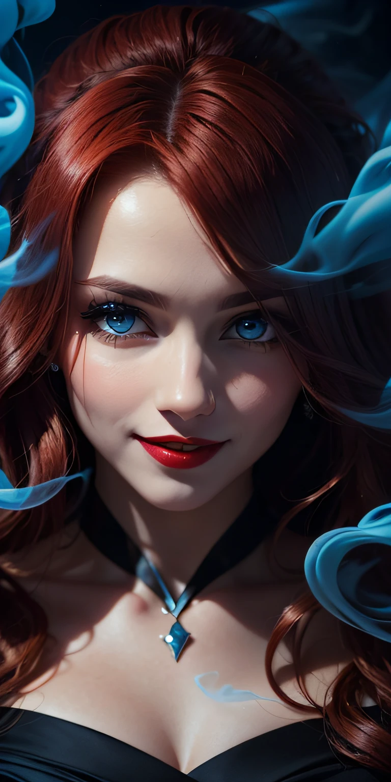 a picture of a young beautiful enchantress, long red hair, lush dark red lips, villainess, smiling, black prom dress, she is coming to you, up close, bright blue eyes, surrounded by swirling blue smoke, real, high detail, best quality