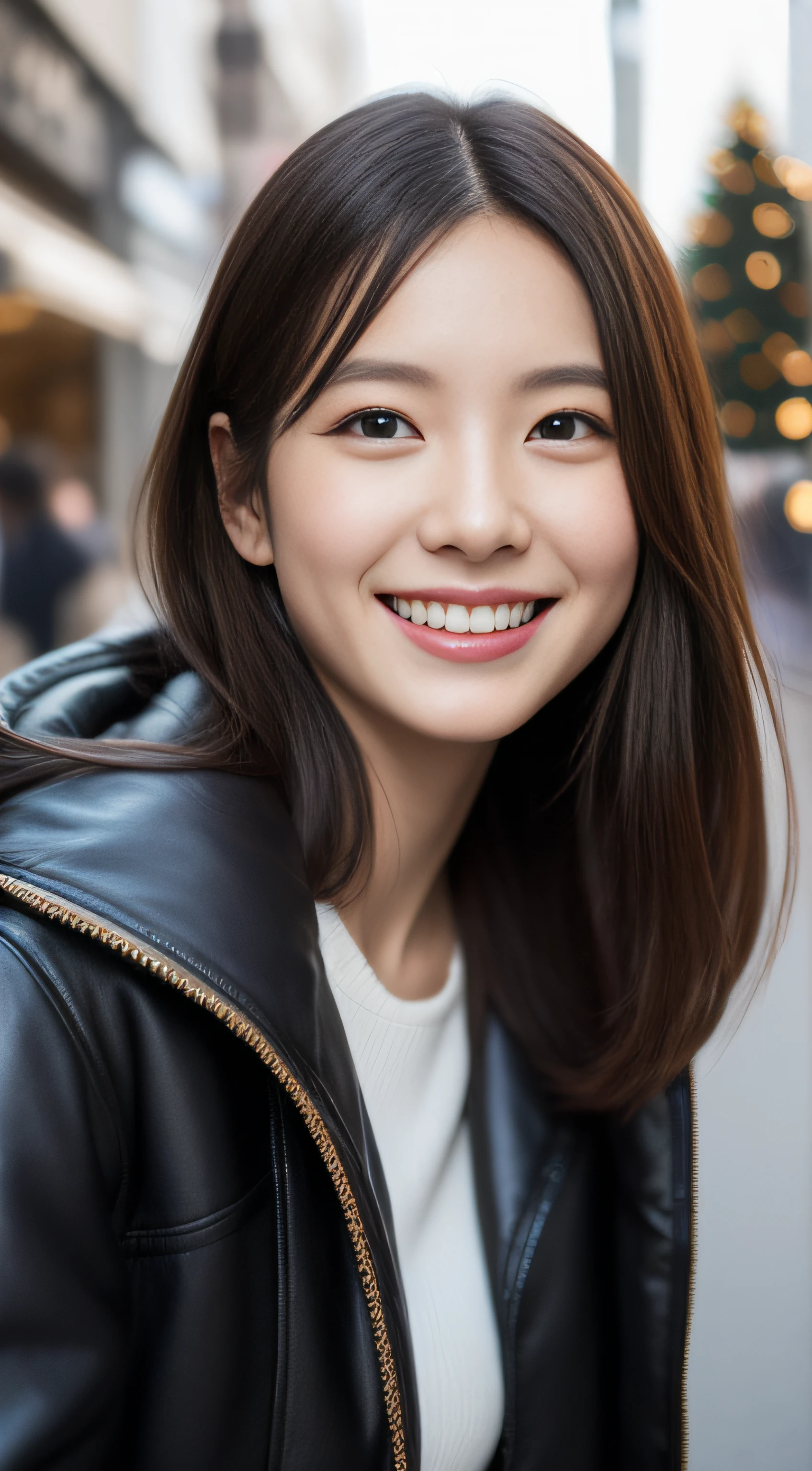 The face is a hostess、White down jacket、hiquality、A hyper-realistic、healthy、Smiling expression、Slender perfect figure、Japan beauties、beautidful eyes、face perfect、Beautiful skin、The upper part of the body、Christmas tree、street