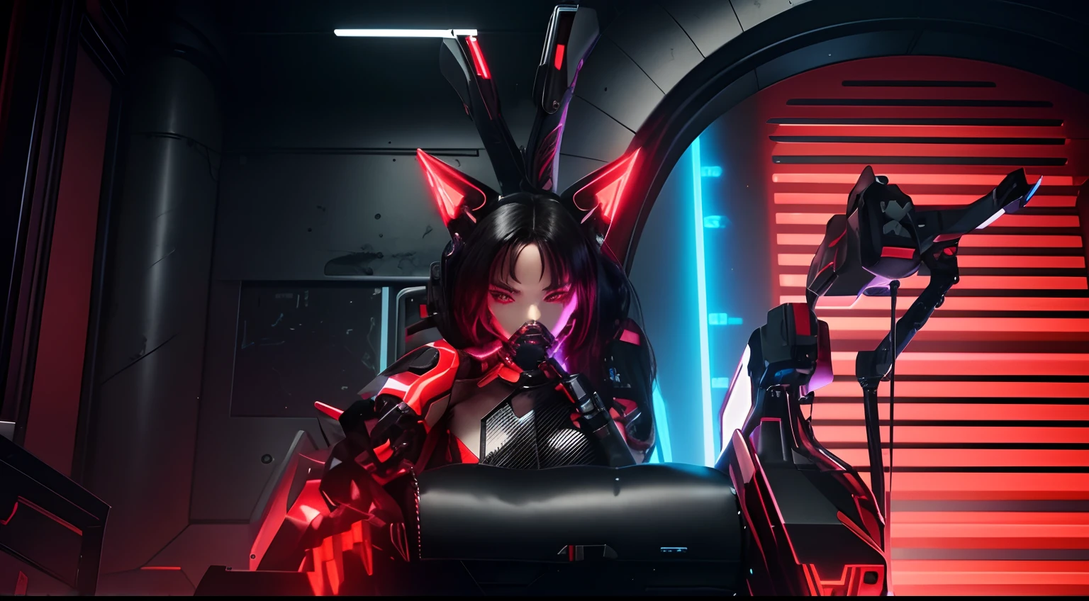 High detail, best quality, realistic face, perfect, perfect face, cyberpunk girl, blow out hair, red and black hair, split dye, red and black cyber cat ears, cybernetic arms, mech arms, laying down on an operating chair, looking at the camera, leaning on one hand, cyber jaw, cybernetic jaw, mech jaw, red and black, skin tight body suit, glowing cybernetics, glowing mechanics,