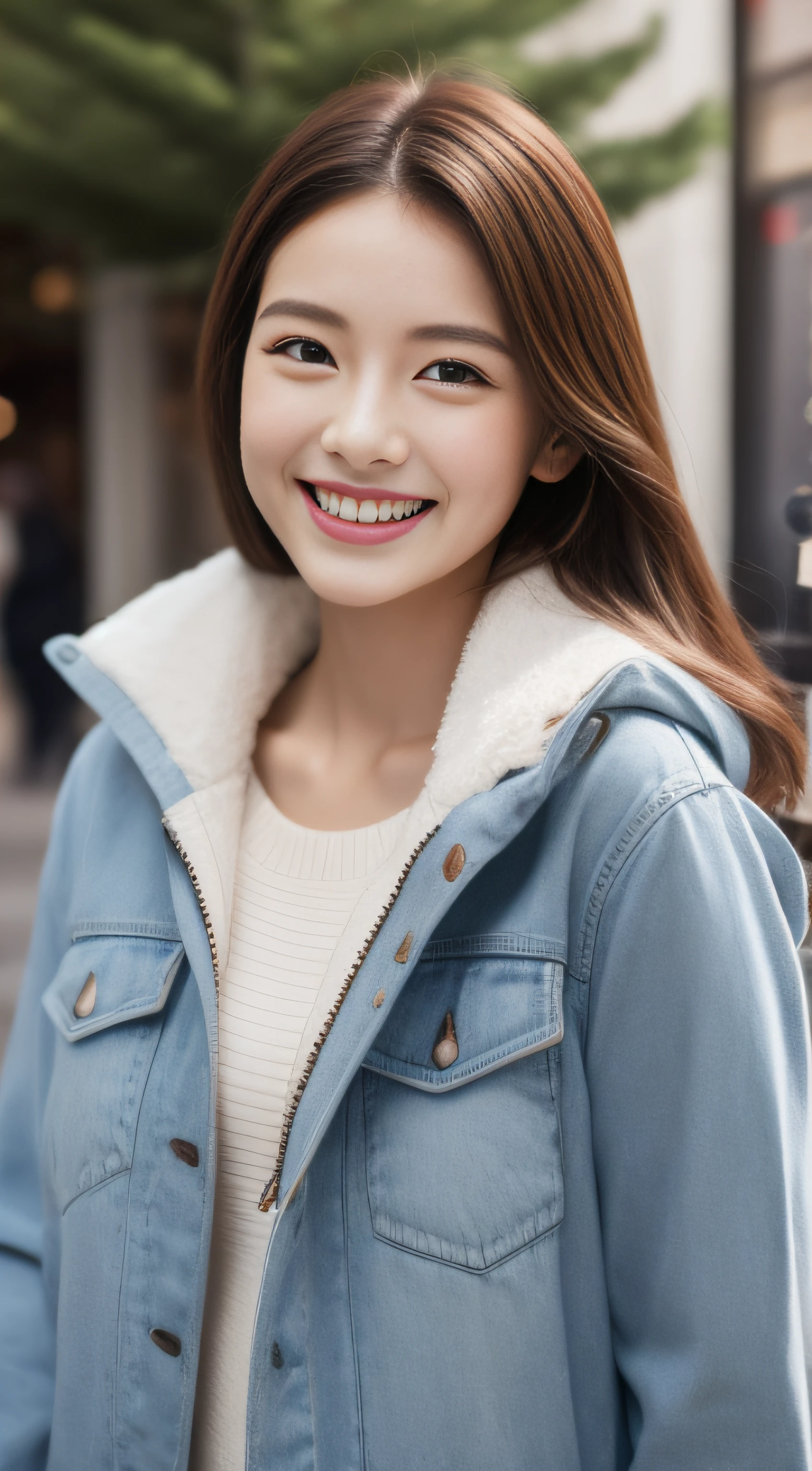 The face is a hostess、White down jacket、hiquality、A hyper-realistic、healthy、Smiling expression、Slender perfect figure、Japan beauties、beautidful eyes、face perfect、Beautiful skin、The upper part of the body、Christmas tree、street