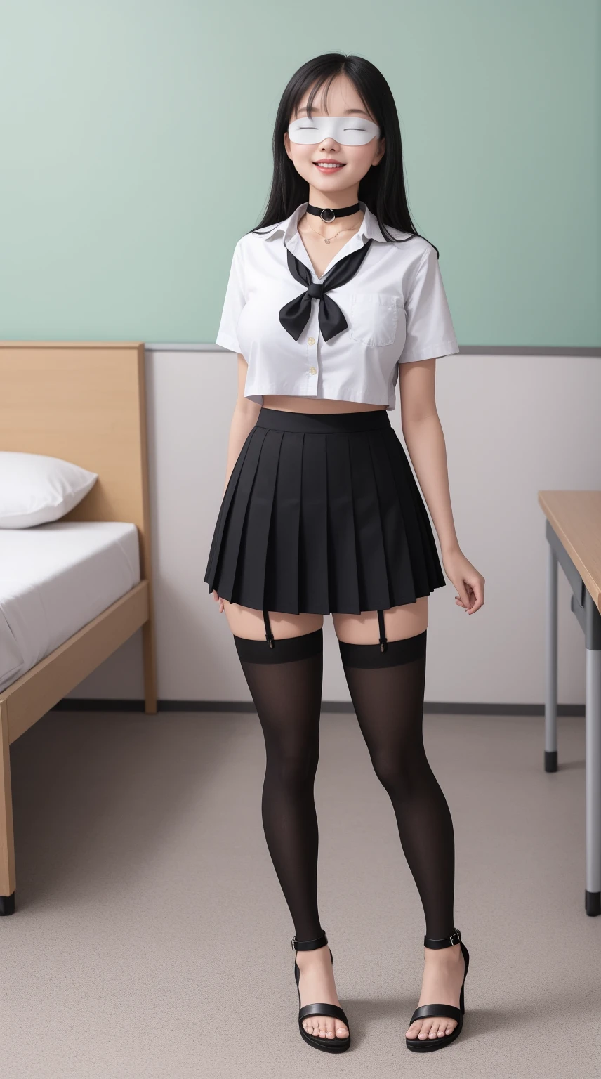 standing straight symmetrical, full body, solo girl looking to the camera, big breast, blindfolded, cow bell choker, metal sandals, bikini, black thigh highs, thin legs, high heels on the ground, bedroom background, schoolgirl, high school girl in jk uniform, surreal high school girl, short skirt, tight skirt, pantyhose, black stockings, full body view, thin arms