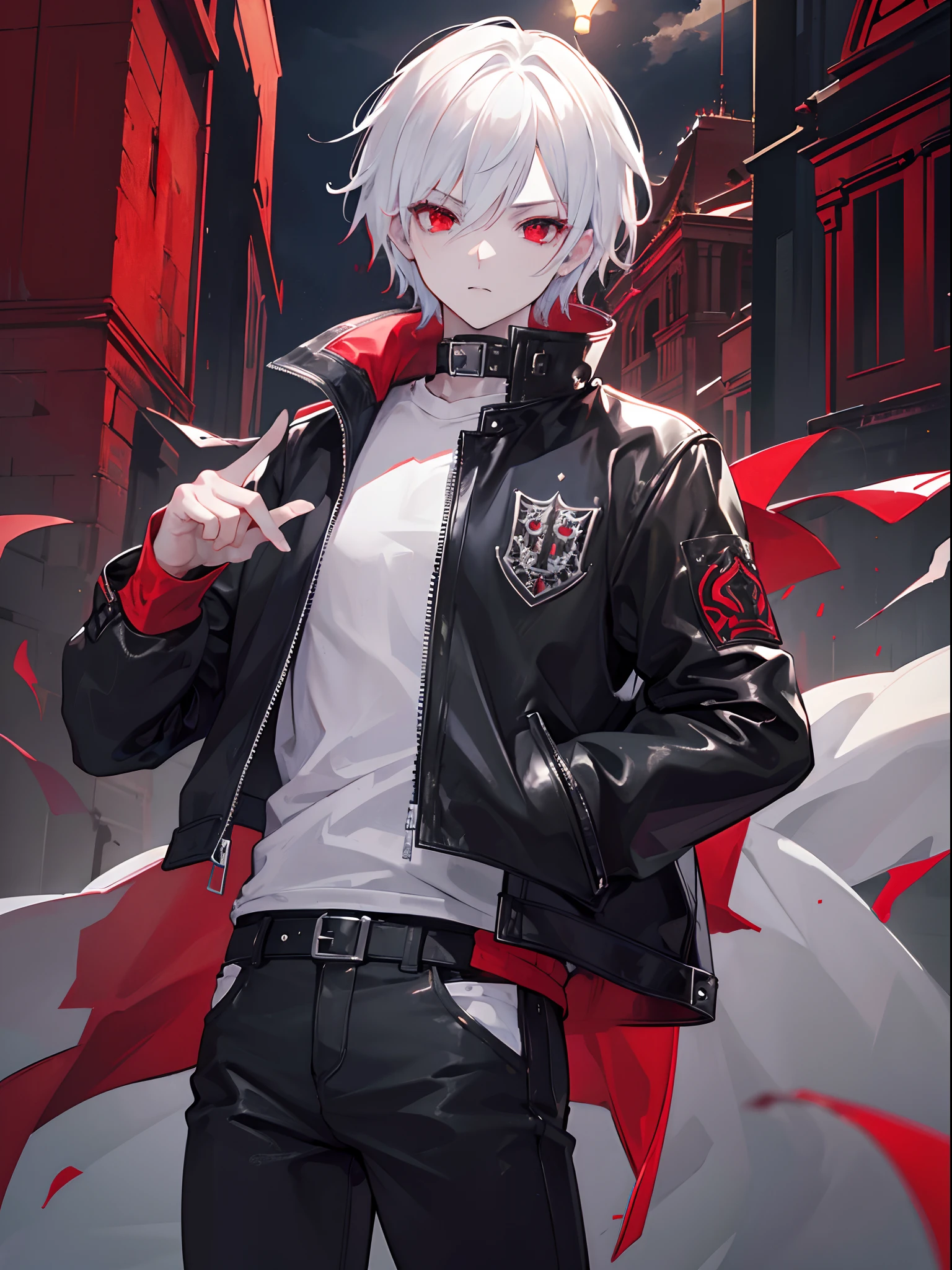 (masterpiece, best quality),1guy, short white hair pushed back, red eyes, seductive gaze, vampire aesthetic, Gothic castle background, black leather varsity jacket, white shirt, blue jeans, absurdres, highres, ultrasharp, 8K, looking at viewer, nijisanji,