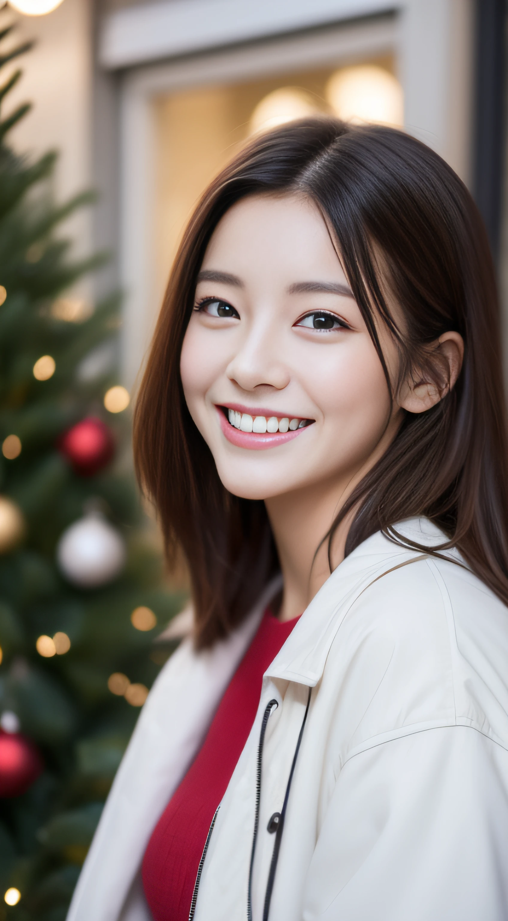 The face is a hostess、White down jacket、hiquality、A hyper-realistic、healthy、Smiling expression、Slender perfect figure、Japan beauties、beautidful eyes、face perfect、Beautiful skin、The upper part of the body、Christmas tree、street