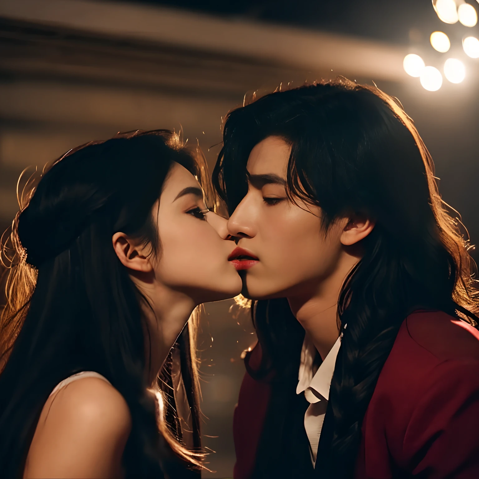 (Romantic and passionate kissing scenes in movies),(Best Quality, Cinematic, The best lighting and shadows),(up close shot, an extreme closeup shot),(1girl and 1 boy),(Long hair:1.2+Suit),(Red Lipstick:1.4+Black hair), Romantic music, Blurred background