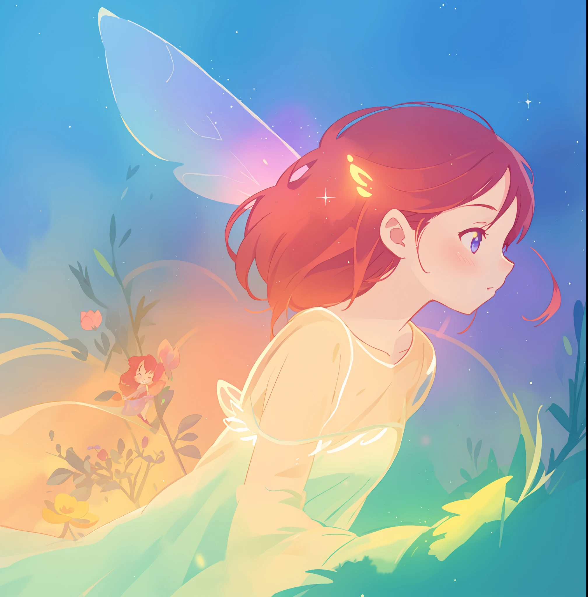 beautiful fairy girl in sparkling dress, glowing ballgown, long red peach hair, colorful fantasia background, fairy wings watercolor illustration, disney art style, glowing aura around her, glowing lights, beautiful digital illustration, fantasia otherworldly landscape plants flowers, beautiful, masterpiece, best quality, anime disney style
