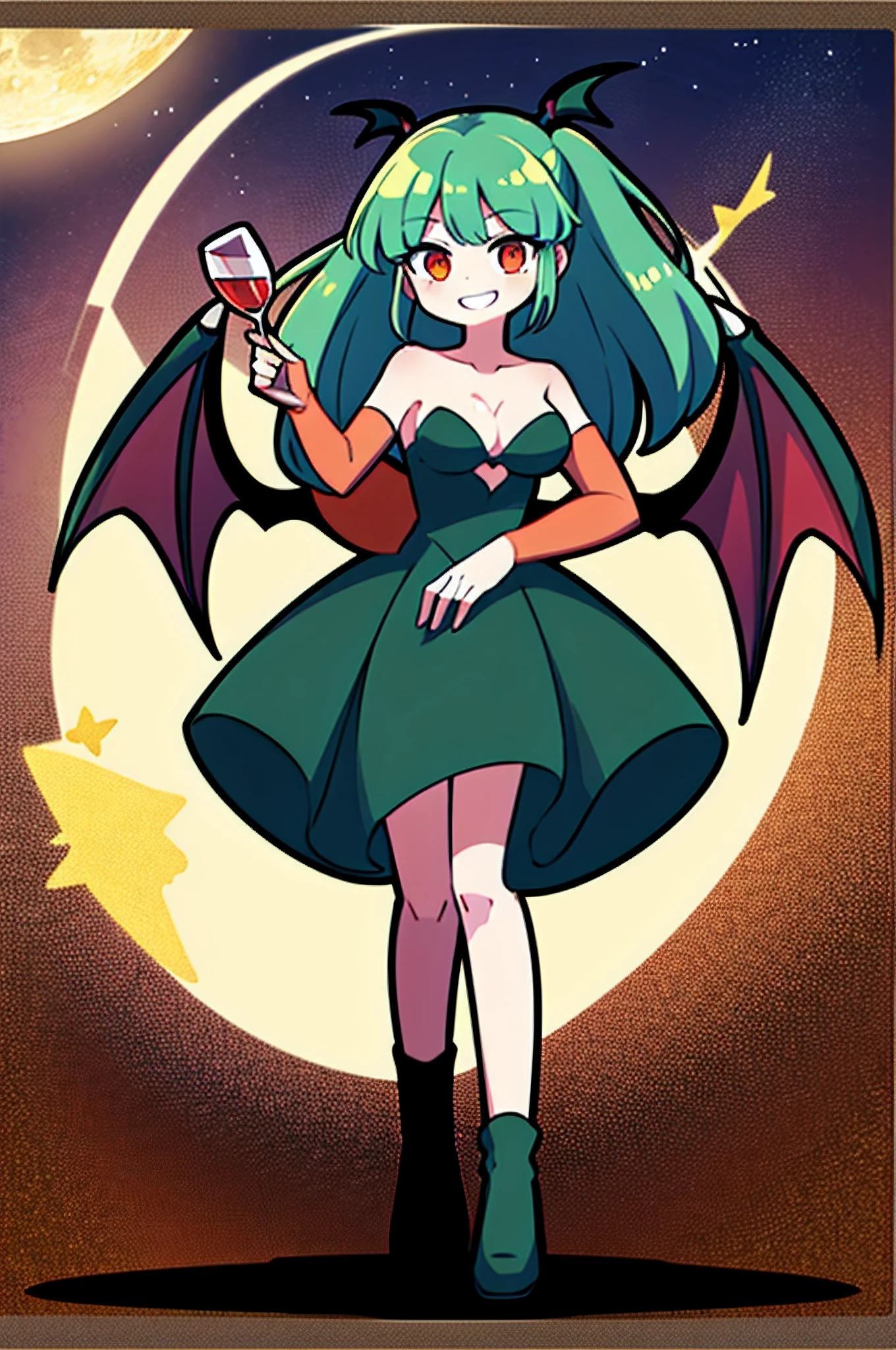 (Morrigan) (long green hair)(black dress) (smiling) (full body) (highest quality) (high quality) (large moon and stars in the background) (a large bloody wine cup in hand)