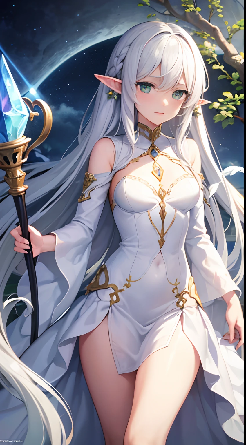 {{{masterpiece}}}, {{{best quality}}}, {{ultra-detailed}}, {illustration}, {{an extremely delicate and beautiful}},(1girl), white hair, green eyes,shiny skin,expressionless,robe,staff,long twin tail, elf,fantasy