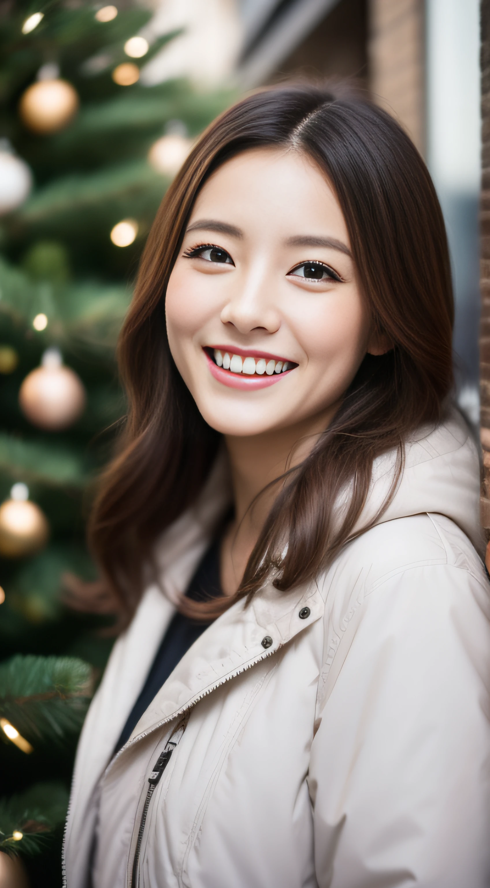 The face is a hostess、White down jacket、hiquality、A hyper-realistic、healthy、Smiling expression、Slender perfect figure、Japan beauties、beautidful eyes、face perfect、Beautiful skin、The upper part of the body、Christmas tree、street