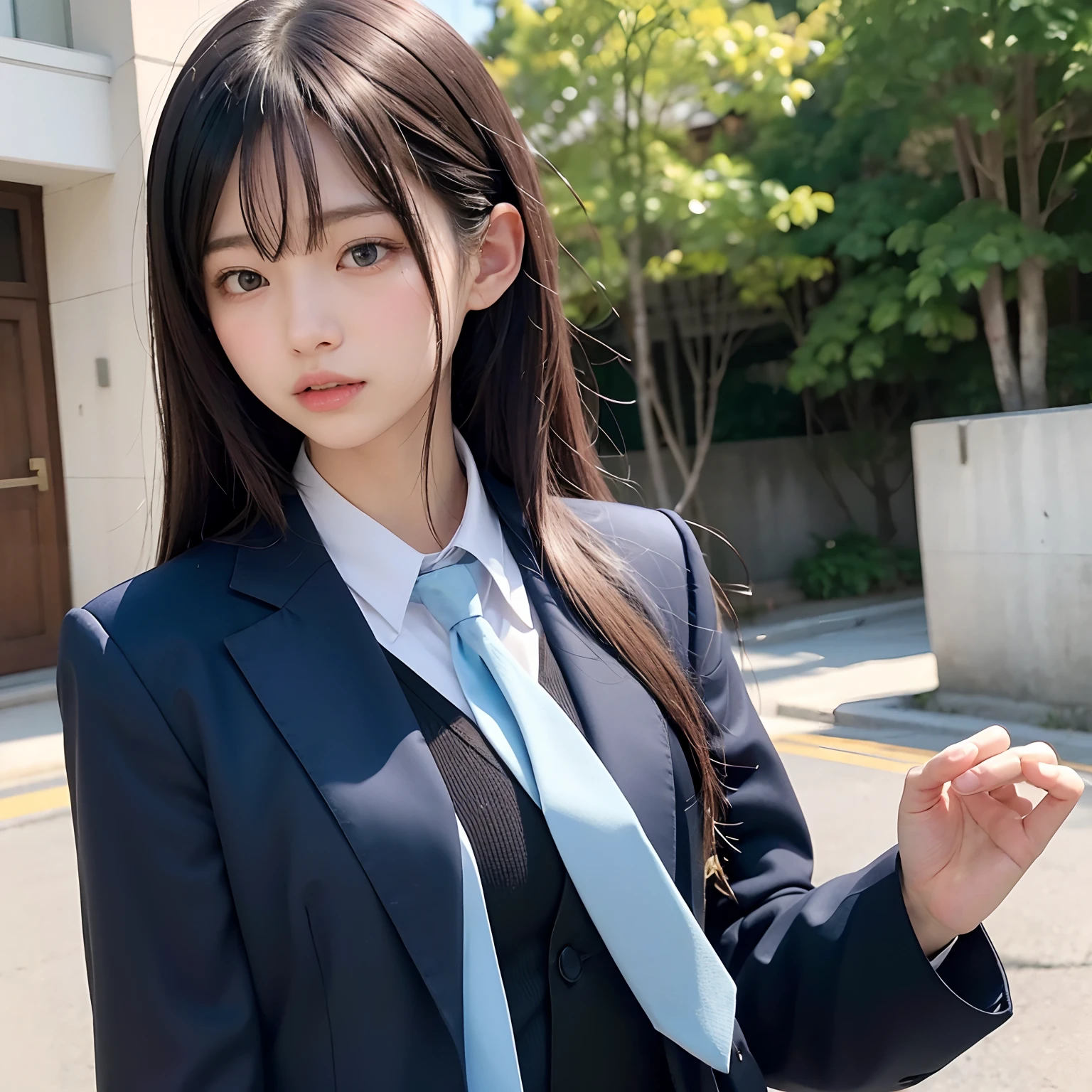 (masutepiece, Best Quality:1.2), 8K, Official art, Full body photo, full body Esbian、Suits、Embarrassing black hair、Facing up、skinny、14years、small tits、Eyes closed、Deep sadness、Sorrow、look up sky、screeming、 unbelievable Ridiculous, (Upper body, Dark blue suit:1.4), Beautiful Girl, Pretty Face, arching back down, cute panty、Gold hair ornament on hair、Wearing a cute suit、close up, Wearing a suit, Short sleeve, gardenia, violaceaess, Teen, Street, Looking at Viewer, Film grain, chromatic abberation, Sharp Focus, face lights, Dynamic lighting, Cinematic lighting, Eyes and faces with detailed, Bokeh background, (1 light blue tie:1.2)