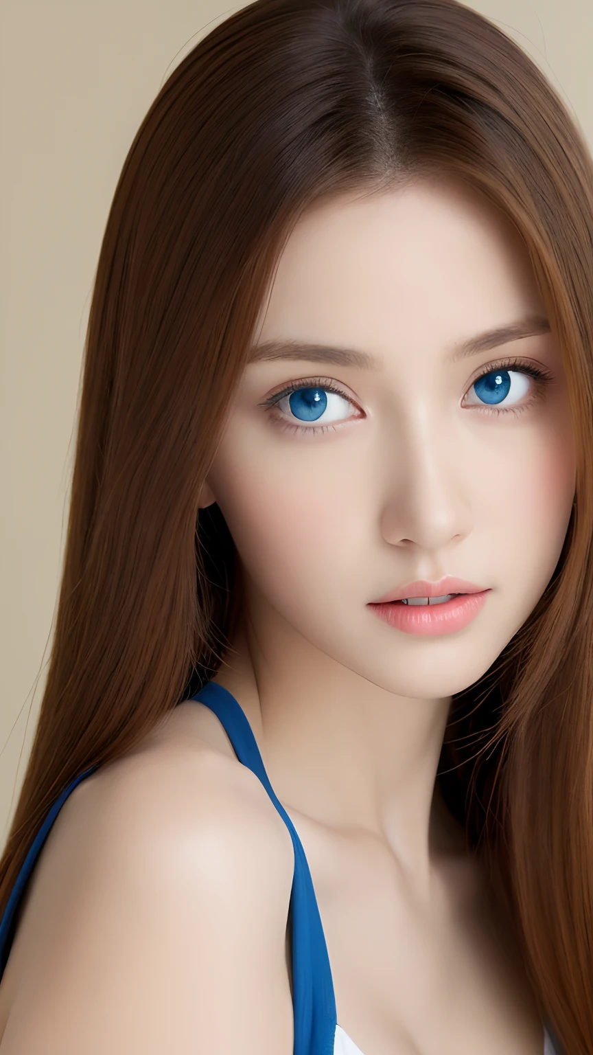 (Lifelike, A high resolution:1.3), 1 girl with a perfect body, Ultra-thin face and blue eyes,long whitr hair, Tank top of random colors:1.2, short jeans pants, Bigboobs,Expose cleavage