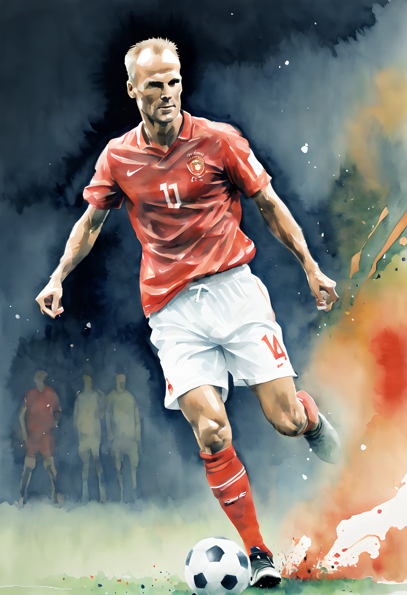 (Play soccer:1.5), (ink and watercolor painting:1.5), (Tasteful:1.5), (ink and watercolor painting:1.5), (full color:1.5), 8k, 4k, (magic:1.5), (dripping paint;1.5), dynamic, (Dennis Bergkamp:1.5),(world cup:1.5), (Direct Volley Shoot:1.5),