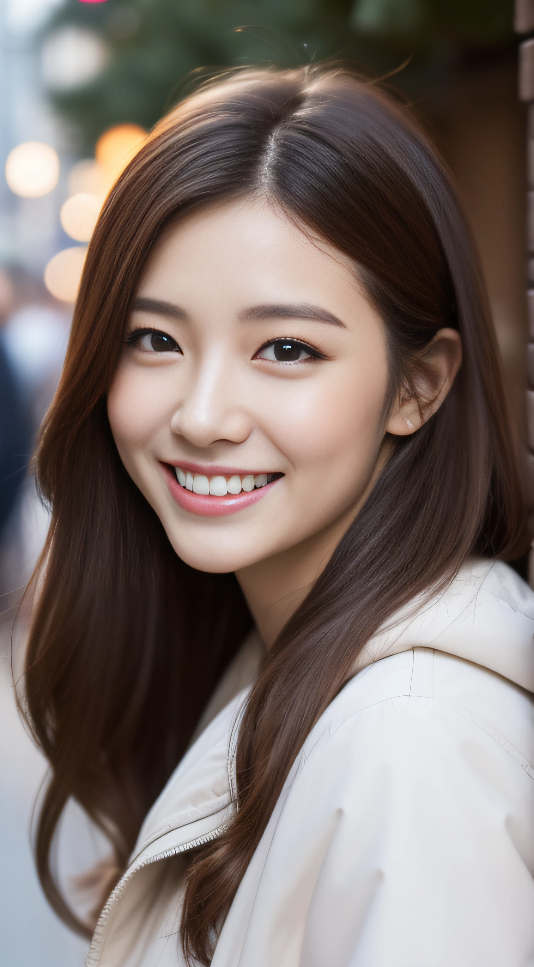 The face is a hostess、White down jacket、hiquality、A hyper-realistic、healthy、Smiling expression、Slender perfect figure、Japan beauties、beautidful eyes、face perfect、Beautiful skin、The upper part of the body、Christmas tree、street
