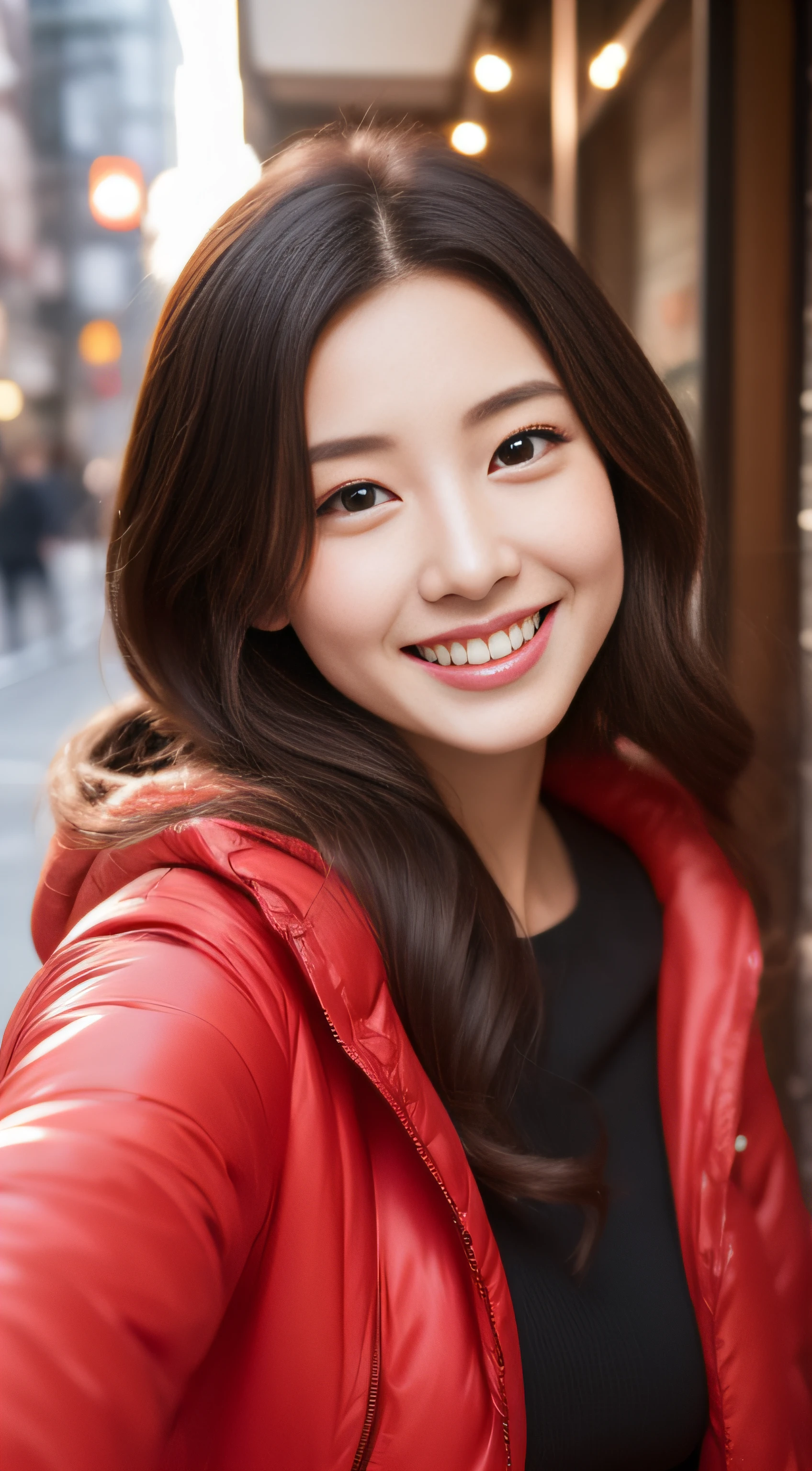 The face is a hostess、Red down jacket、hiquality、A hyper-realistic、healthy、Smiling expression、Slender perfect figure、Japan beauties、beautidful eyes、face perfect、Beautiful skin、The upper part of the body、Christmas tree、street
