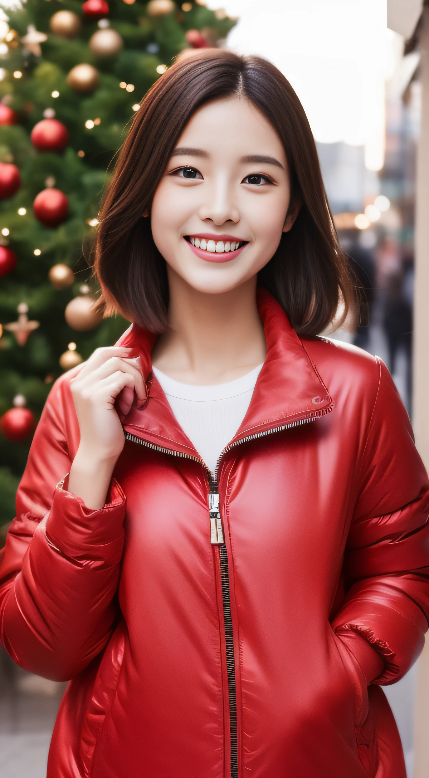 The face is a hostess、Red down jacket、hiquality、A hyper-realistic、healthy、Smiling expression、Slender perfect figure、Japan beauties、beautidful eyes、face perfect、Beautiful skin、The upper part of the body、Christmas tree、street