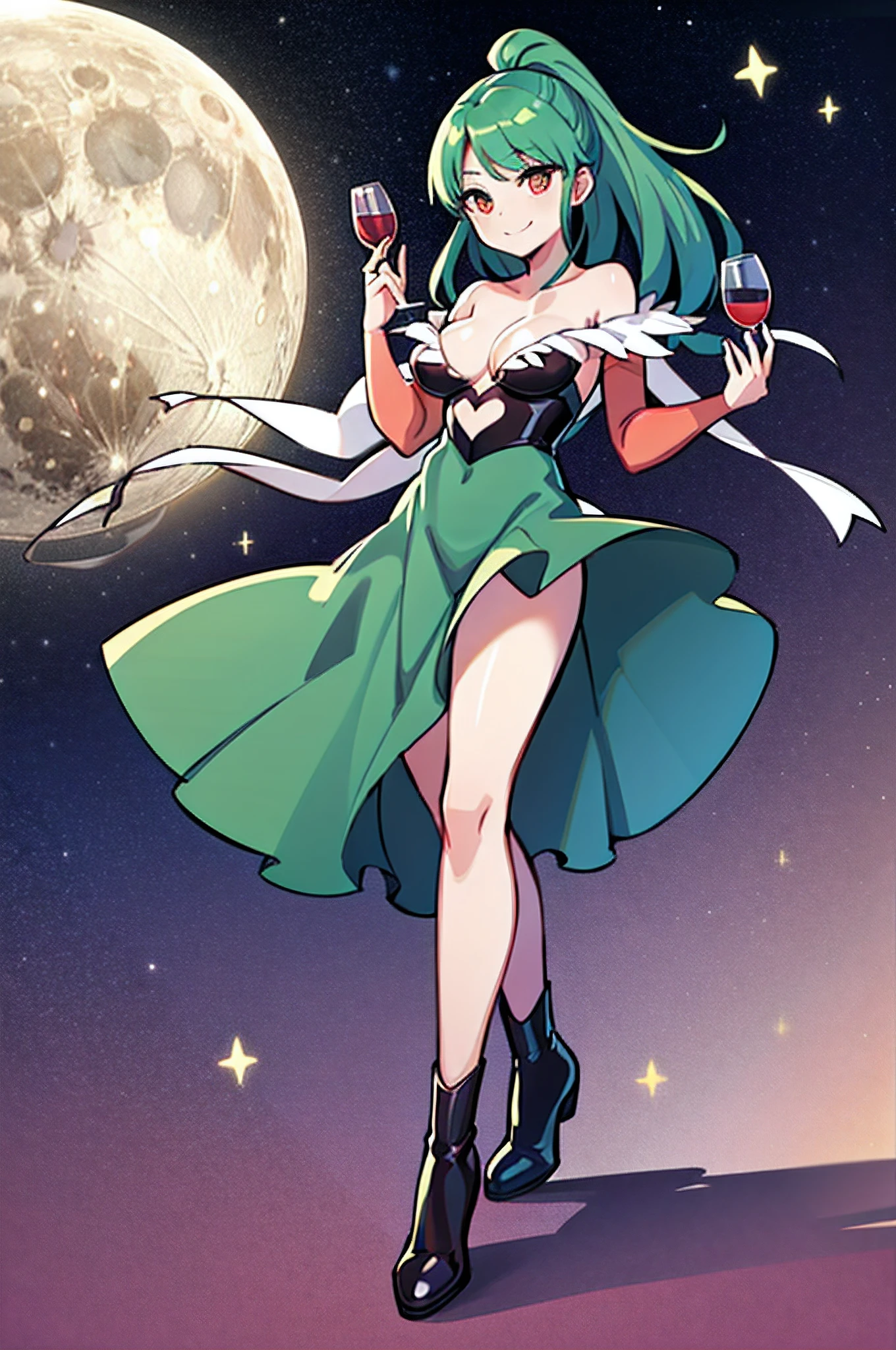 (Morrigan) (long green hair)(black leather clothes) (smiling) (full body) (highest quality) (high quality) (large moon and stars in the background) (Holding a wine cup with both hands)