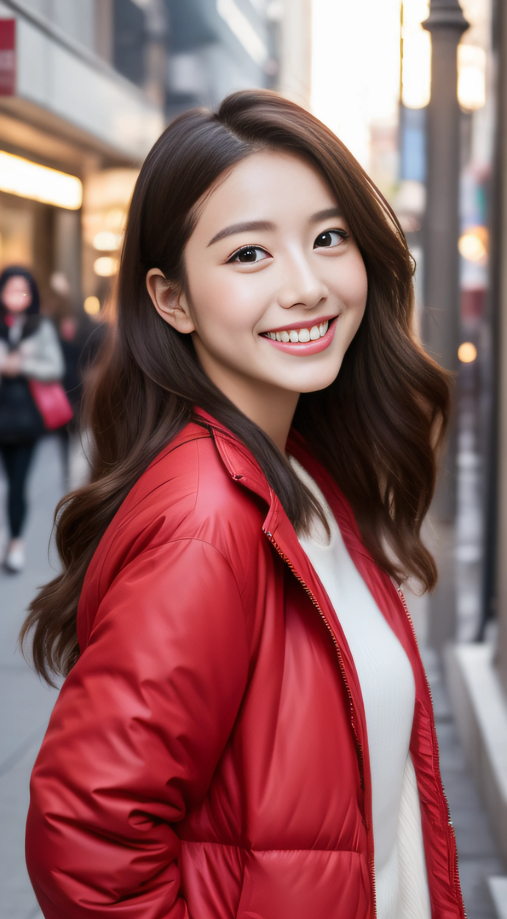 The face is a hostess、Red down jacket、hiquality、A hyper-realistic、healthy、Smiling expression、Slender perfect figure、Japan beauties、beautidful eyes、face perfect、Beautiful skin、The upper part of the body、Christmas tree、street