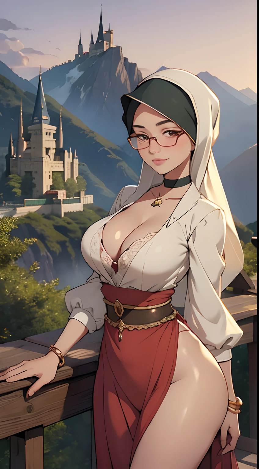 cowboy_pose,naughty, (iu:0.8),cleavage, RAW, Best quality, high resolution, Masterpiece: 1.3, Beautiful glasses pearl_skinned sexy hijabi javanese teen at mountain side magical castle in the background, Masterpiece, Soft smile,choker