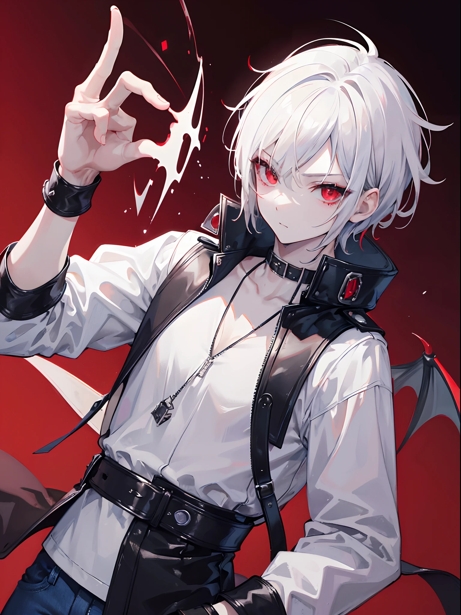 (masterpiece, best quality),1guy, short white hair pushed back, red eyes, seductive gaze, vampire aesthetic, Gothic castle background, black leather varsity jacket, white shirt, blue jeans, absurdres, highres, ultrasharp, 8K, looking at viewer, nijisanji,