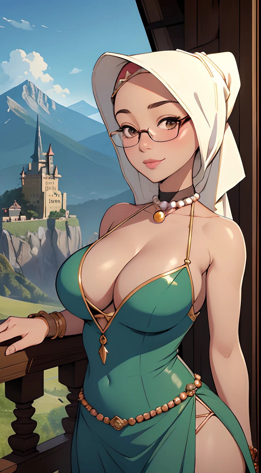 cowboy_pose,naughty, (iu:0.8),cleavage, RAW, Best quality, high resolution, Masterpiece: 1.3, Beautiful glasses pearl_skinned sexy hijabi javanese at mountain side magical castle in the background, Masterpiece, Soft smile,choker