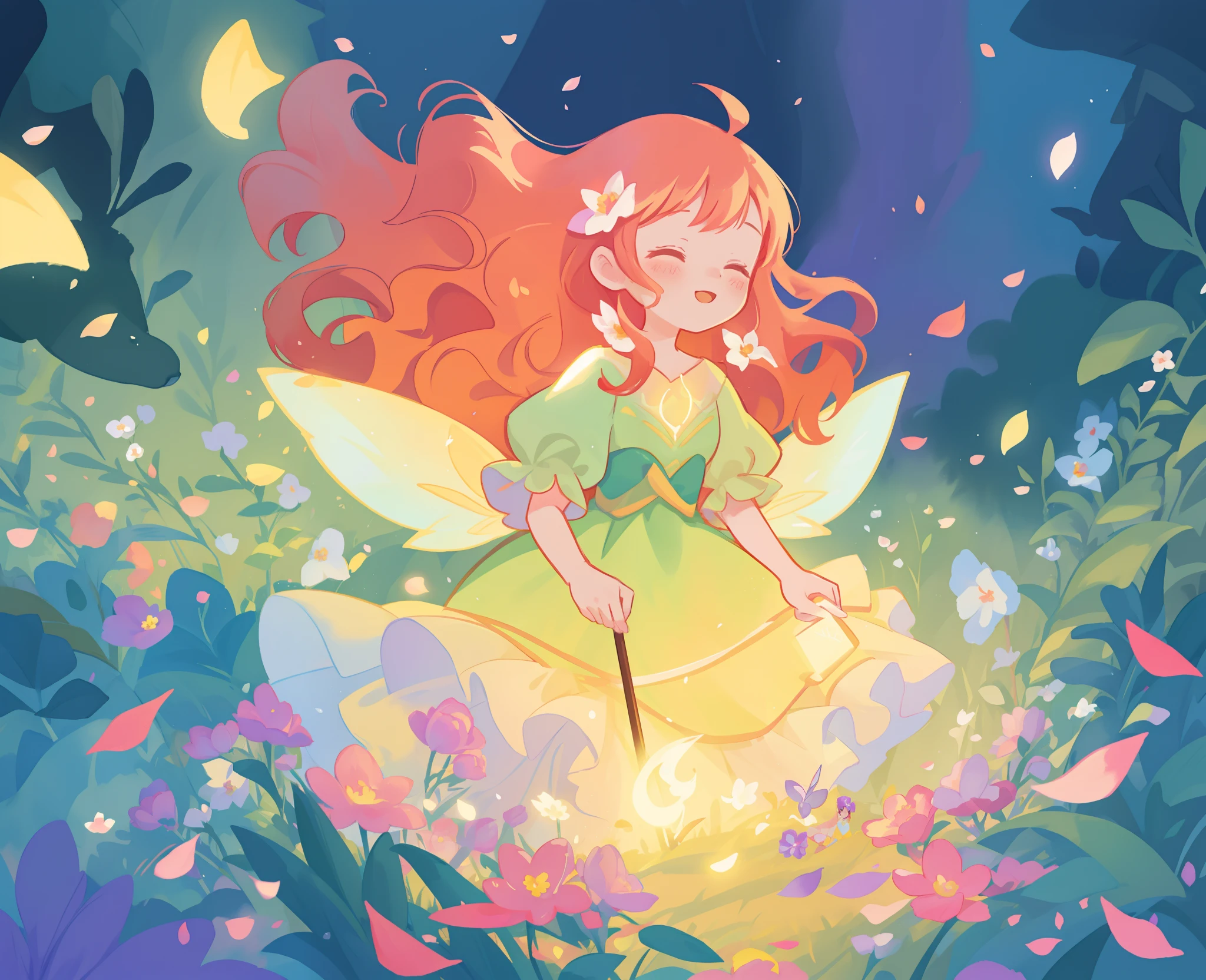 beautiful girl in tiered gradient ballgown dress, gradient warm color ballgown, ((layered flower petal skirt)), fairy dress, fairy queen, magical forest background, (glowing fairy wings), glowing flowing ballgown, long wavy hair, sparkling fairy wings, watercolor illustration, flowers and colorful plants, inspired by Glen Keane, inspired by Lois van Baarle, disney art style, by Lois van Baarle, glowing aura around her, by Glen Keane, jen bartel, glowing lights! digital painting, flowing glowing hair, glowing flowing hair, beautiful digital illustration, fantasia otherworldly landscape plants flowers, beautiful, masterpiece, best quality, anime disney style