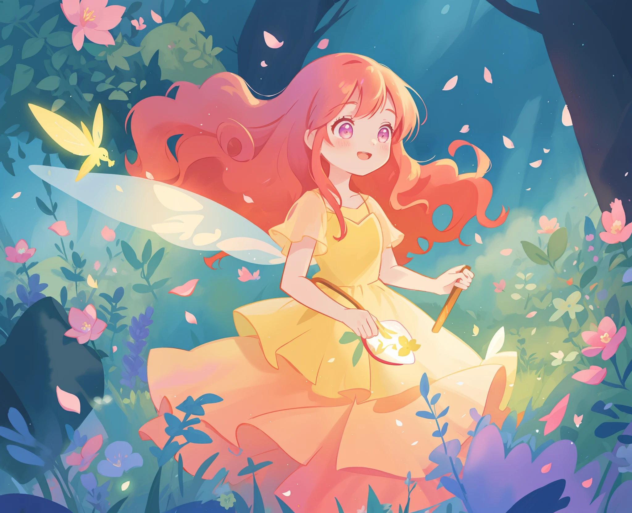 beautiful girl in tiered gradient ballgown dress, gradient warm color ballgown, ((layered flower petal skirt)), fairy dress, fairy queen, magical forest background, (glowing fairy wings), glowing flowing ballgown, long wavy hair, sparkling fairy wings, watercolor illustration, flowers and colorful plants, inspired by Glen Keane, inspired by Lois van Baarle, disney art style, by Lois van Baarle, glowing aura around her, by Glen Keane, jen bartel, glowing lights! digital painting, flowing glowing hair, glowing flowing hair, beautiful digital illustration, fantasia otherworldly landscape plants flowers, beautiful, masterpiece, best quality, anime disney style