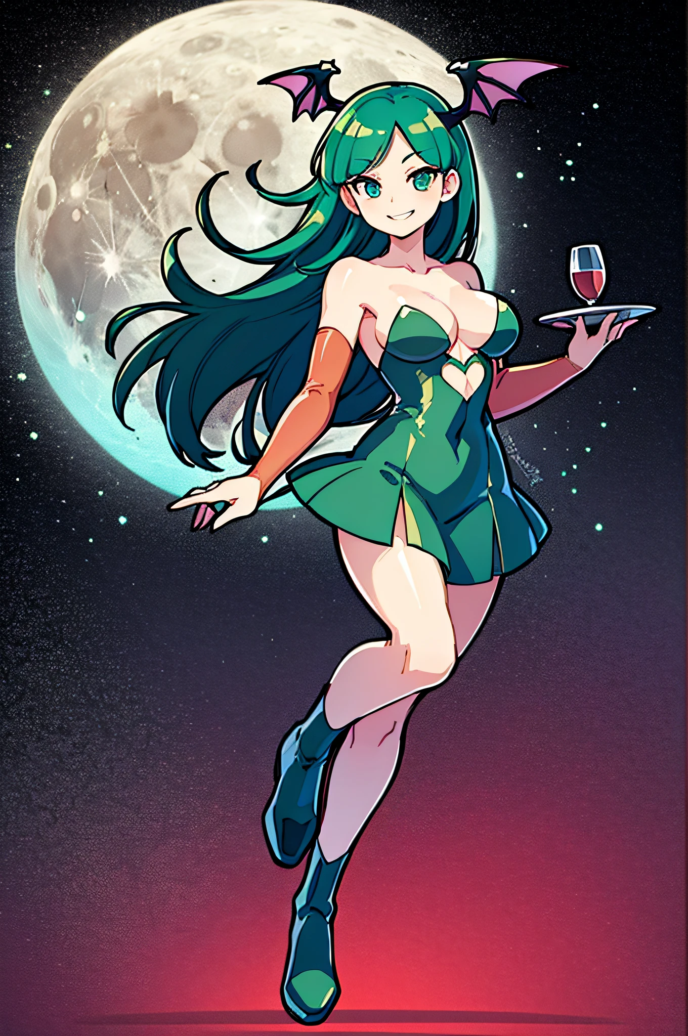 (Morrigan) (long green hair)(black leather clothes) (smiling) (full body) (highest quality) (high quality) (large moon and stars in the background) (Holding a wine cup with both hands)
