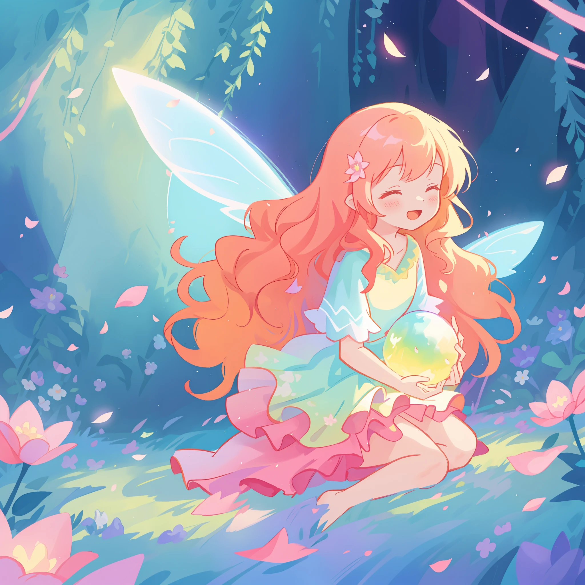 beautiful girl in tiered gradient ballgown dress, gradient colorful dress, ((layered flower petal skirt)), fairy dress, fairy queen, magical forest background, (glowing fairy wings), glowing flowing ballgown, long wavy hair, sparkling fairy wings, watercolor illustration, flowers and colorful plants, inspired by Glen Keane, inspired by Lois van Baarle, disney art style, by Lois van Baarle, glowing aura around her, by Glen Keane, jen bartel, glowing lights! digital painting, flowing glowing hair, glowing flowing hair, beautiful digital illustration, fantasia otherworldly landscape plants flowers, beautiful, masterpiece, best quality, anime disney style