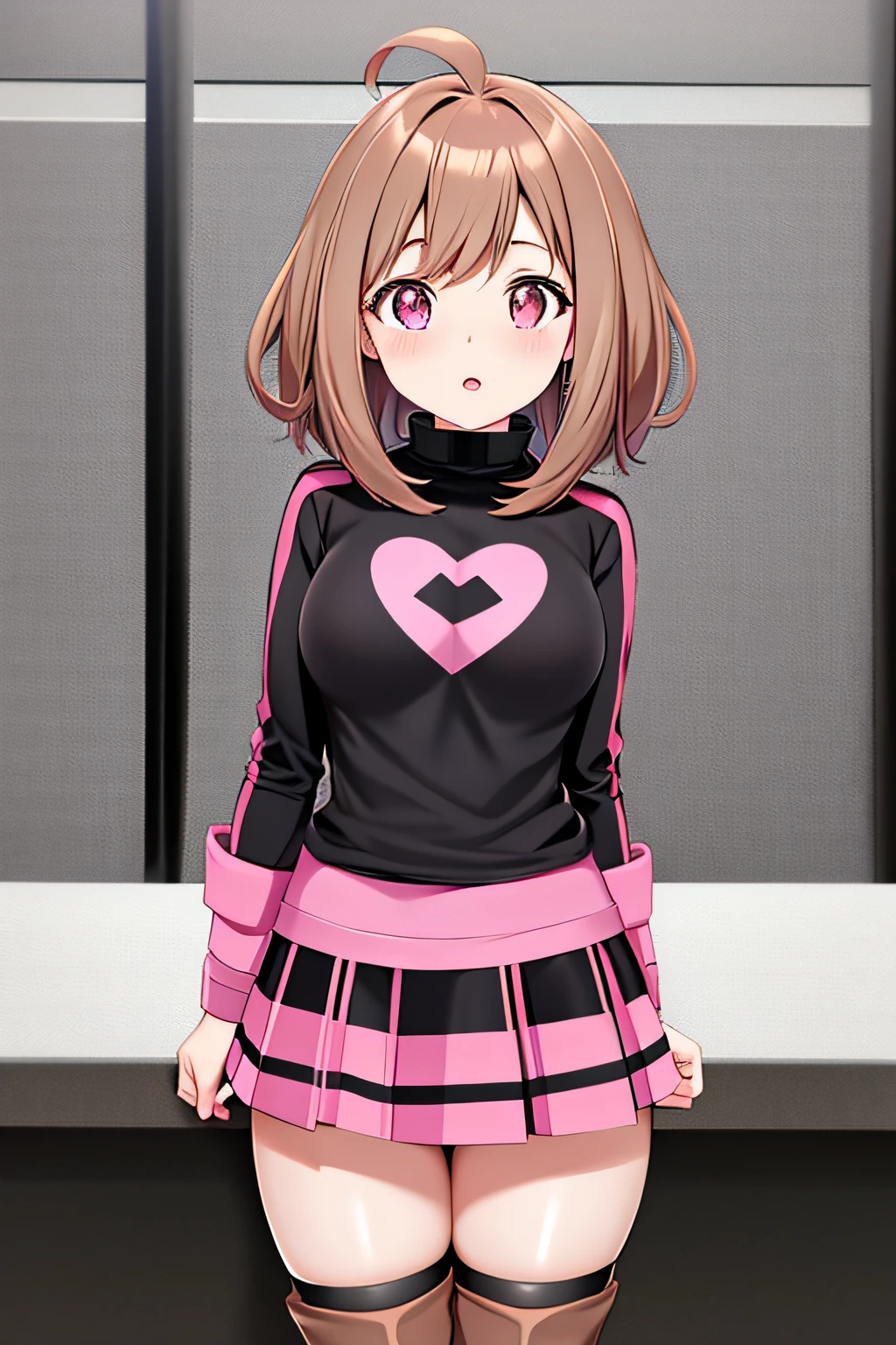 ochaco uraraka, black and pink blouse, pink miniskirt, a pair of dark toned pink stockings and brown boots