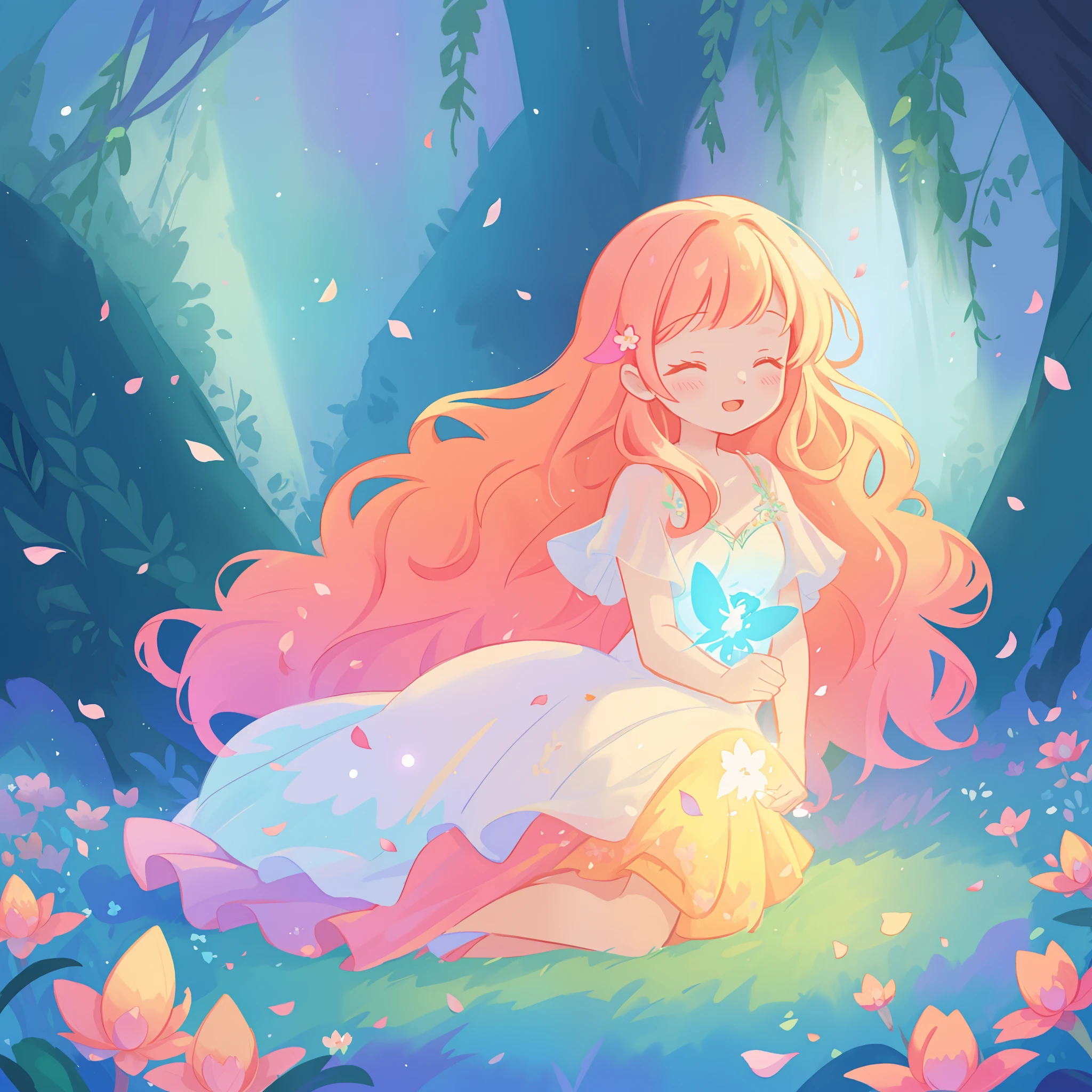 beautiful girl in tiered gradient ballgown dress, gradient colorful dress, ((layered flower petal skirt)), fairy dress, fairy queen, magical forest background, (glowing fairy wings), glowing flowing ballgown, long wavy hair, sparkling fairy wings, watercolor illustration, flowers and colorful plants, inspired by Glen Keane, inspired by Lois van Baarle, disney art style, by Lois van Baarle, glowing aura around her, by Glen Keane, jen bartel, glowing lights! digital painting, flowing glowing hair, glowing flowing hair, beautiful digital illustration, fantasia otherworldly landscape plants flowers, beautiful, masterpiece, best quality, anime disney style