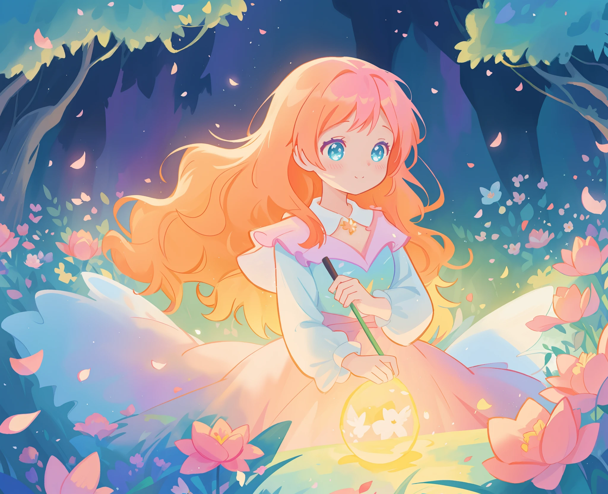 beautiful girl in tiered gradient ballgown dress, gradient warm color ballgown, ((layered flower petal skirt)), fairy dress, fairy queen, magical forest background, (glowing fairy wings), glowing flowing ballgown, long wavy hair, sparkling fairy wings, watercolor illustration, flowers and colorful plants, inspired by Glen Keane, inspired by Lois van Baarle, disney art style, by Lois van Baarle, glowing aura around her, by Glen Keane, jen bartel, glowing lights! digital painting, flowing glowing hair, glowing flowing hair, beautiful digital illustration, fantasia otherworldly landscape plants flowers, beautiful, masterpiece, best quality, anime disney style