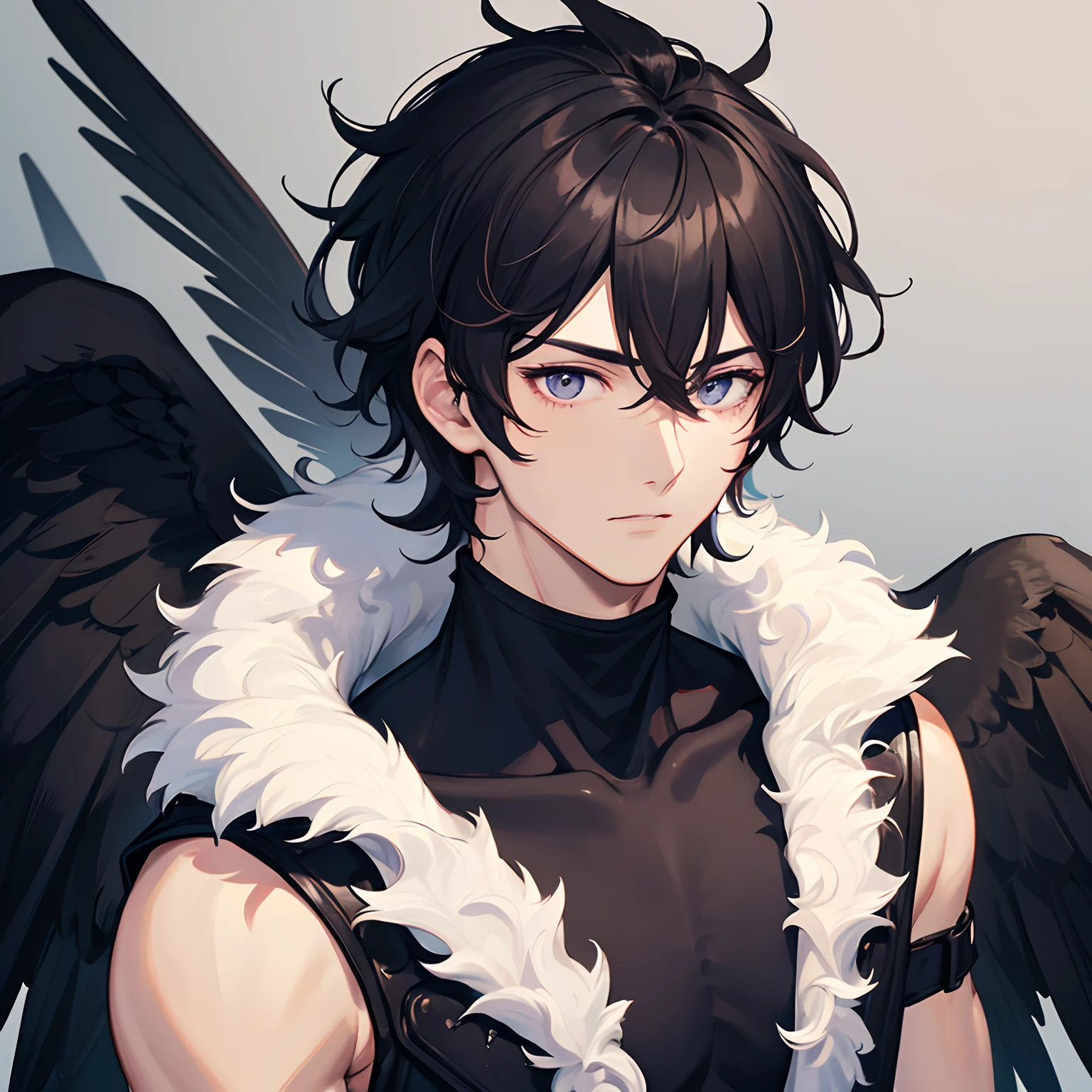 1 man, 25 years old, short black messy fluffy hair, pinkeyes, Detailed eyes, (((MASTERPIECE))), One black wing, sleeveless turtleneck neck, muscles,