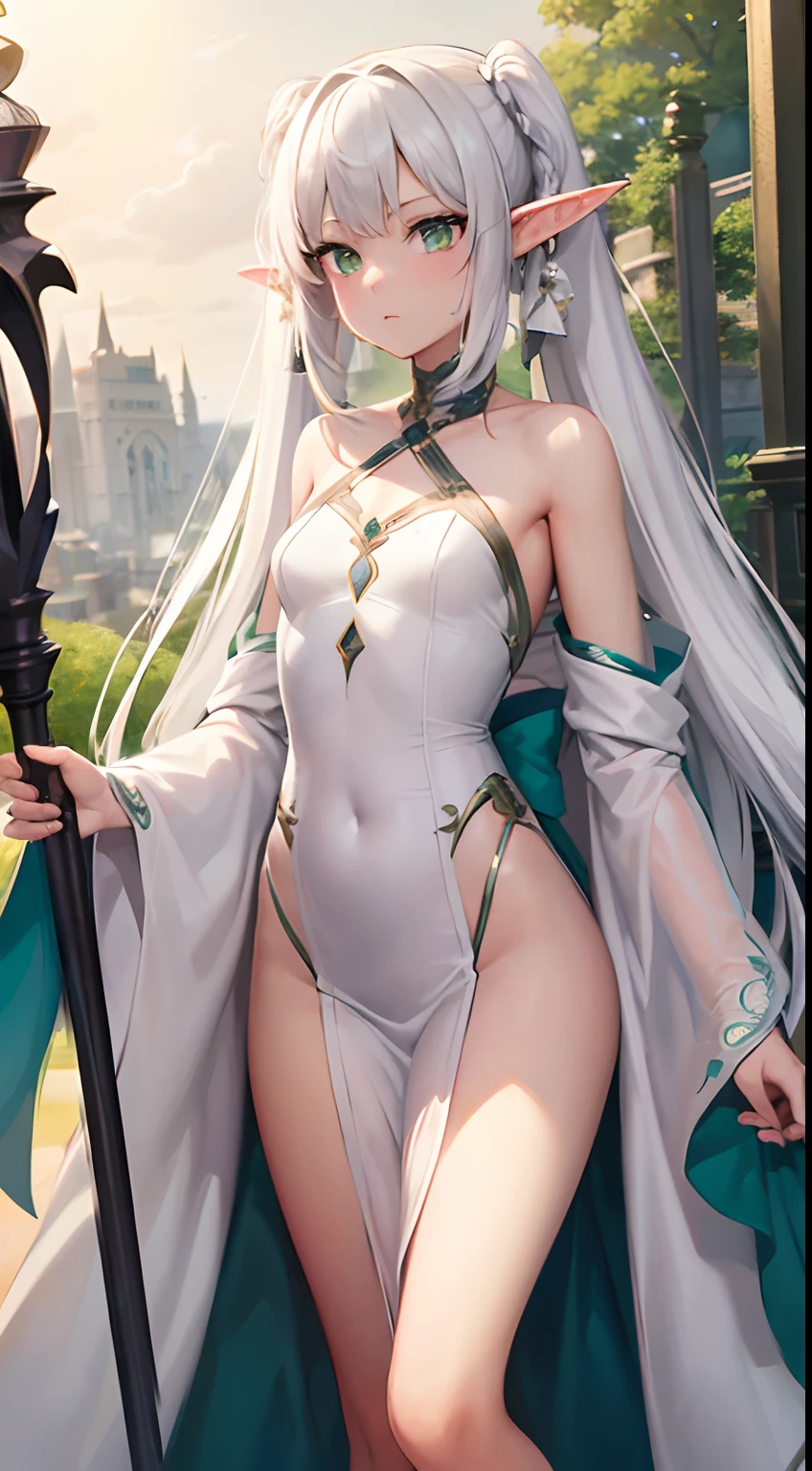 {{{masterpiece}}}, {{{best quality}}}, {{ultra-detailed}}, {illustration}, {{an extremely delicate and beautiful}},(1girl), white hair, green eyes,shiny skin,expressionless,(long robe),staff,((long twin tail)), elf,fantasy