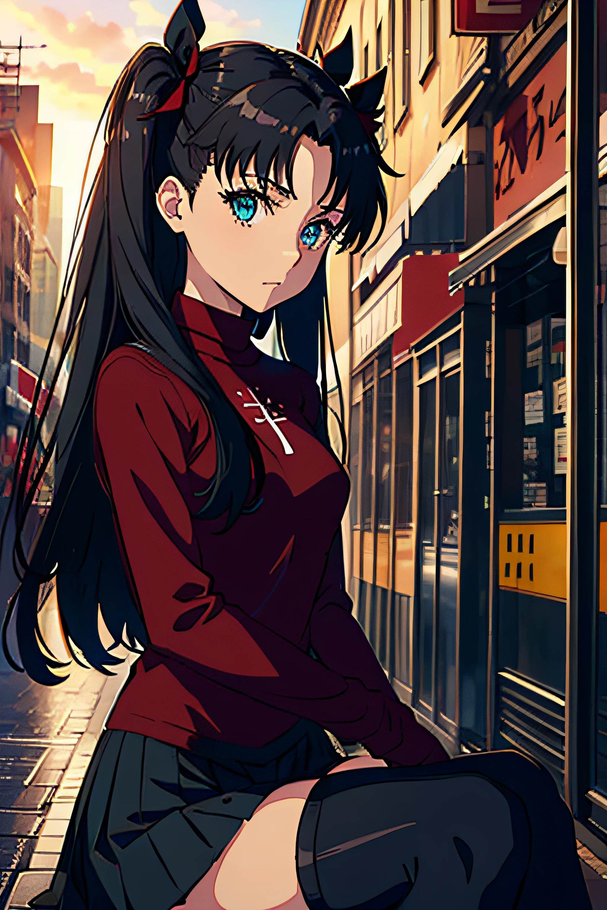 (masterpiece), best quality, expressive eyes, perfect face, 1girl, solo, rintohsaka, rin tohsaka, aqua eyes, black hair, hair ribbon, long hair, ribbon, sidelocks, two side up, black skirt, black thighhighs, long sleeves, miniskirt, pleated skirt, ((red sweater)), skirt, sweater, thighhighs, turtleneck, city background, sitting, character sheet, upper body, portrait, looking at viewer