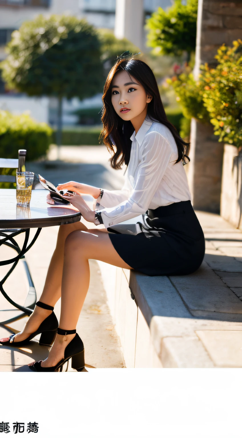 (best qualtiy, 8k, tmasterpiece:1.3),(sideview:1.4),(Full Length Shot:1.4),An Asian woman sitting at a table,Sit Pose,Look down at the computer，2 4 year old female,(outdoor:1.4),(Focus on work:1.4) (perfect figure beautiful woman:1.4), (Cut hair in layers:1.1),(middlele longhair:1.1) (Whit shirt:1.4),(black long skirt:1.1),(cleavage:1.1),Highly detailed facial and skin texture,