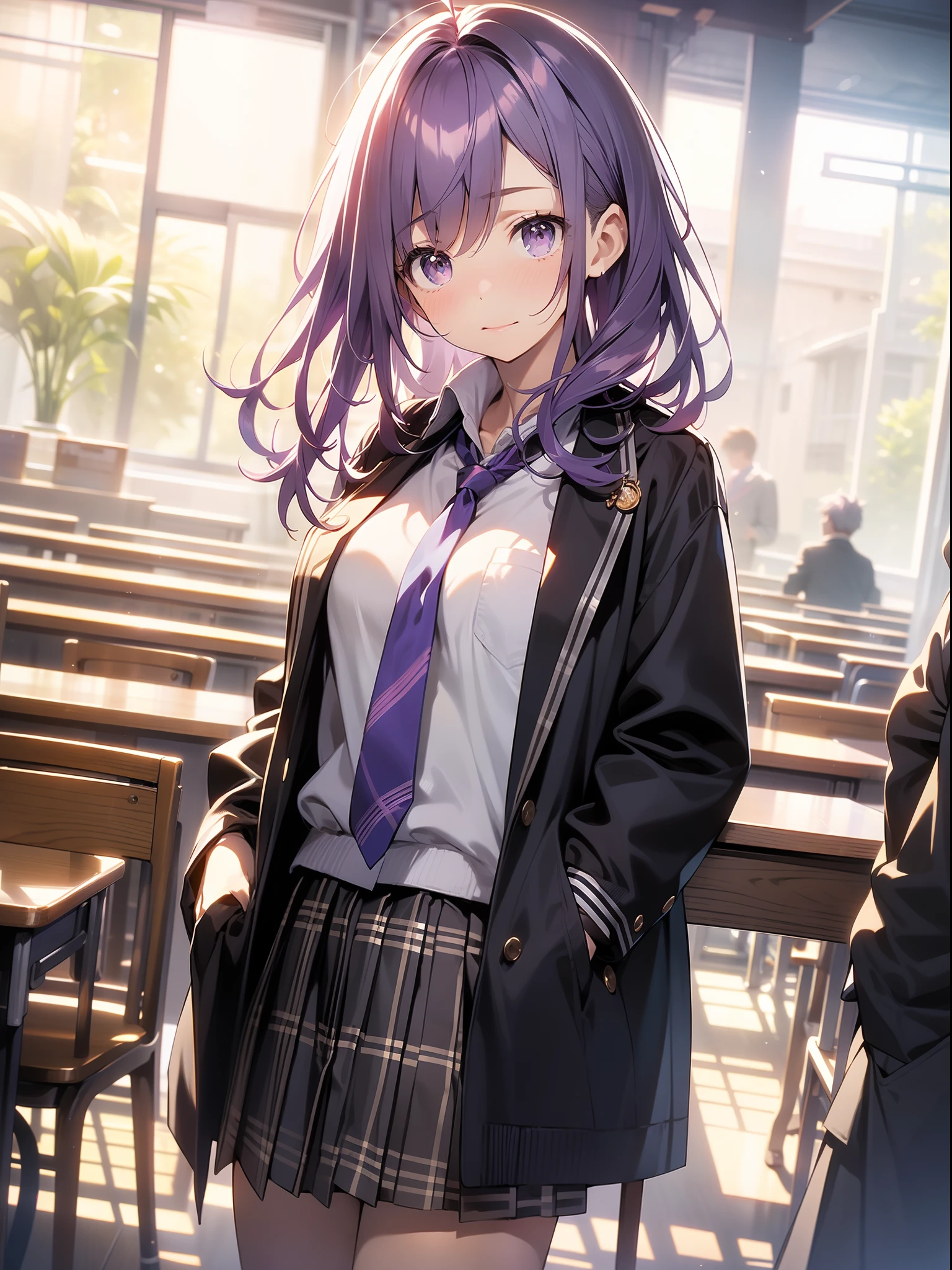 in 8K、top-quality、​masterpiece、ultra-detailliert、Ultra-high resolution、((1 persons))、girl with、purple color  hair、Medium chest、High school students、校服、Plaid skirt、atlibrary、Studying