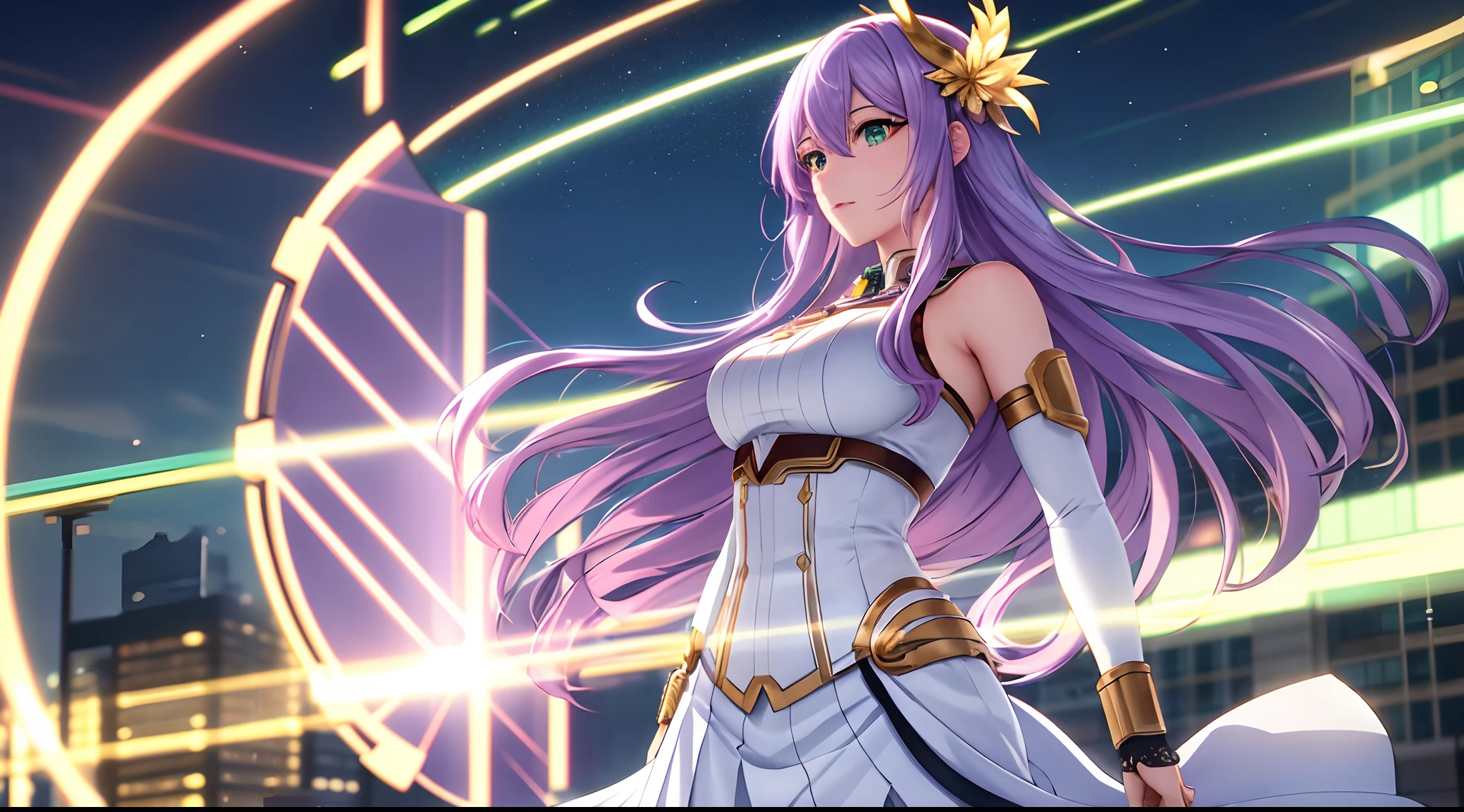 Athena with plain long light purple hair,hair between eyes,green eyes,rosy cheeks,full lips,thin eyebrows,slender body,wearing dc flash costume and full long skirt,cute anime girl,full body,futuristic city streets in background,anime style,extremely deep depth of field,Lumen Reflections,Screen Space Reflections,Diffraction Grading,Chromatic Aberration,GB Displacement,Scan Lines,Ray Traced,Anti-Aliasing,FXAA,TXAA,RTX,SSAO,Shaders,OpenGL-Shaders, GLSL-Shaders,Post Processing,Post-Production,cell Shading,Tone Mapping,CGI,VFX,SFX,insanely detailed and intricate, 4K,standing, solo, masterpiece, best quality, detailed face, detailed eyes, highres, standing, solo,masterpiece, best quality
