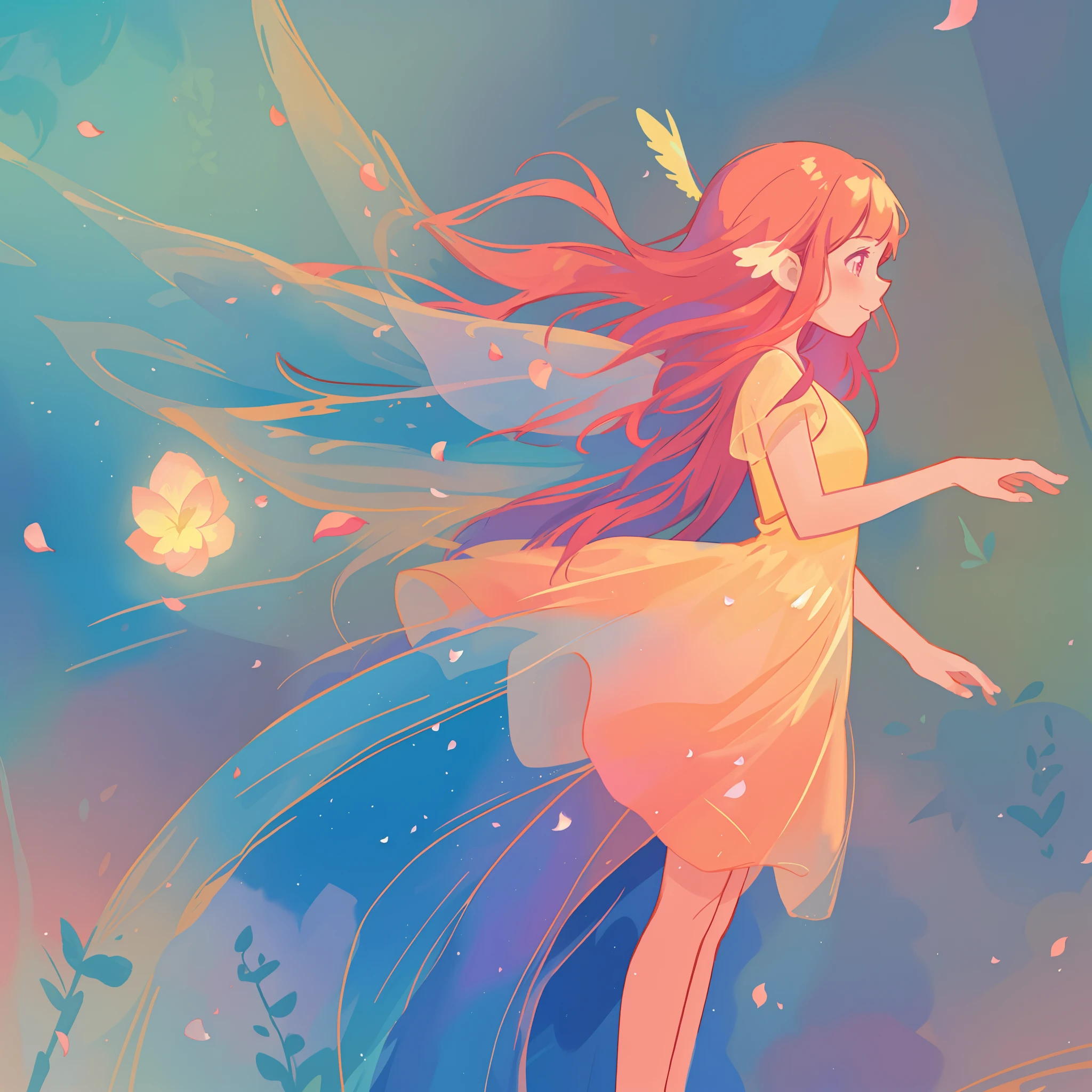beautiful girl in tiered gradient ballgown dress, gradient colorful dress, ((layered flower petal skirt)), fairy dress, fairy queen, magical forest background, (glowing fairy wings), glowing flowing ballgown, long wavy hair, sparkling fairy wings, watercolor illustration, flowers and colorful plants, inspired by Glen Keane, inspired by Lois van Baarle, disney art style, by Lois van Baarle, glowing aura around her, by Glen Keane, jen bartel, glowing lights! digital painting, flowing glowing hair, glowing flowing hair, beautiful digital illustration, fantasia otherworldly landscape plants flowers, beautiful, masterpiece, best quality, anime disney style