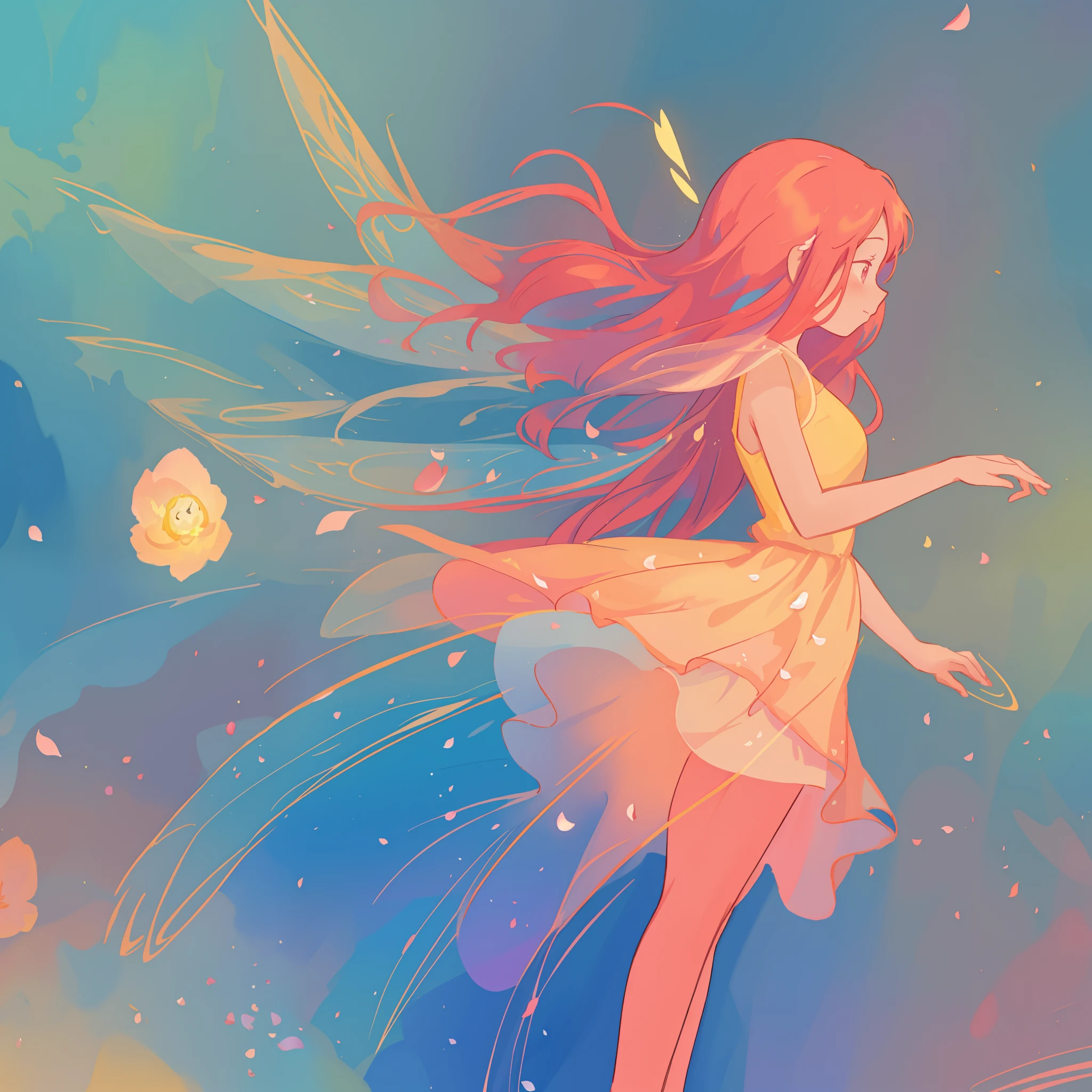beautiful girl in tiered gradient ballgown dress, gradient colorful dress, ((layered flower petal skirt)), fairy dress, fairy queen, magical forest background, (glowing fairy wings), glowing flowing ballgown, long wavy hair, sparkling fairy wings, watercolor illustration, flowers and colorful plants, inspired by Glen Keane, inspired by Lois van Baarle, disney art style, by Lois van Baarle, glowing aura around her, by Glen Keane, jen bartel, glowing lights! digital painting, flowing glowing hair, glowing flowing hair, beautiful digital illustration, fantasia otherworldly landscape plants flowers, beautiful, masterpiece, best quality, anime disney style