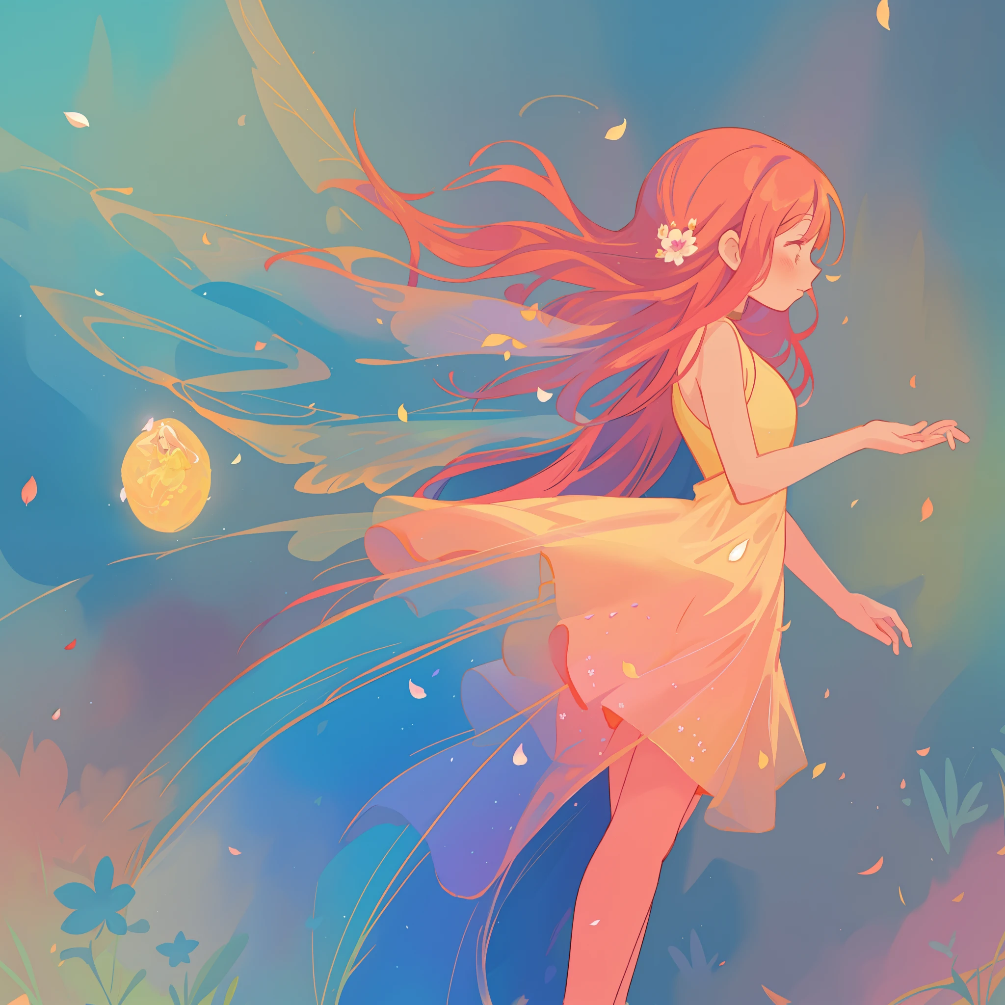 beautiful girl in tiered gradient ballgown dress, gradient colorful dress, ((layered flower petal skirt)), fairy dress, fairy queen, magical forest background, (glowing fairy wings), glowing flowing ballgown, long wavy hair, sparkling fairy wings, watercolor illustration, flowers and colorful plants, inspired by Glen Keane, inspired by Lois van Baarle, disney art style, by Lois van Baarle, glowing aura around her, by Glen Keane, jen bartel, glowing lights! digital painting, flowing glowing hair, glowing flowing hair, beautiful digital illustration, fantasia otherworldly landscape plants flowers, beautiful, masterpiece, best quality, anime disney style