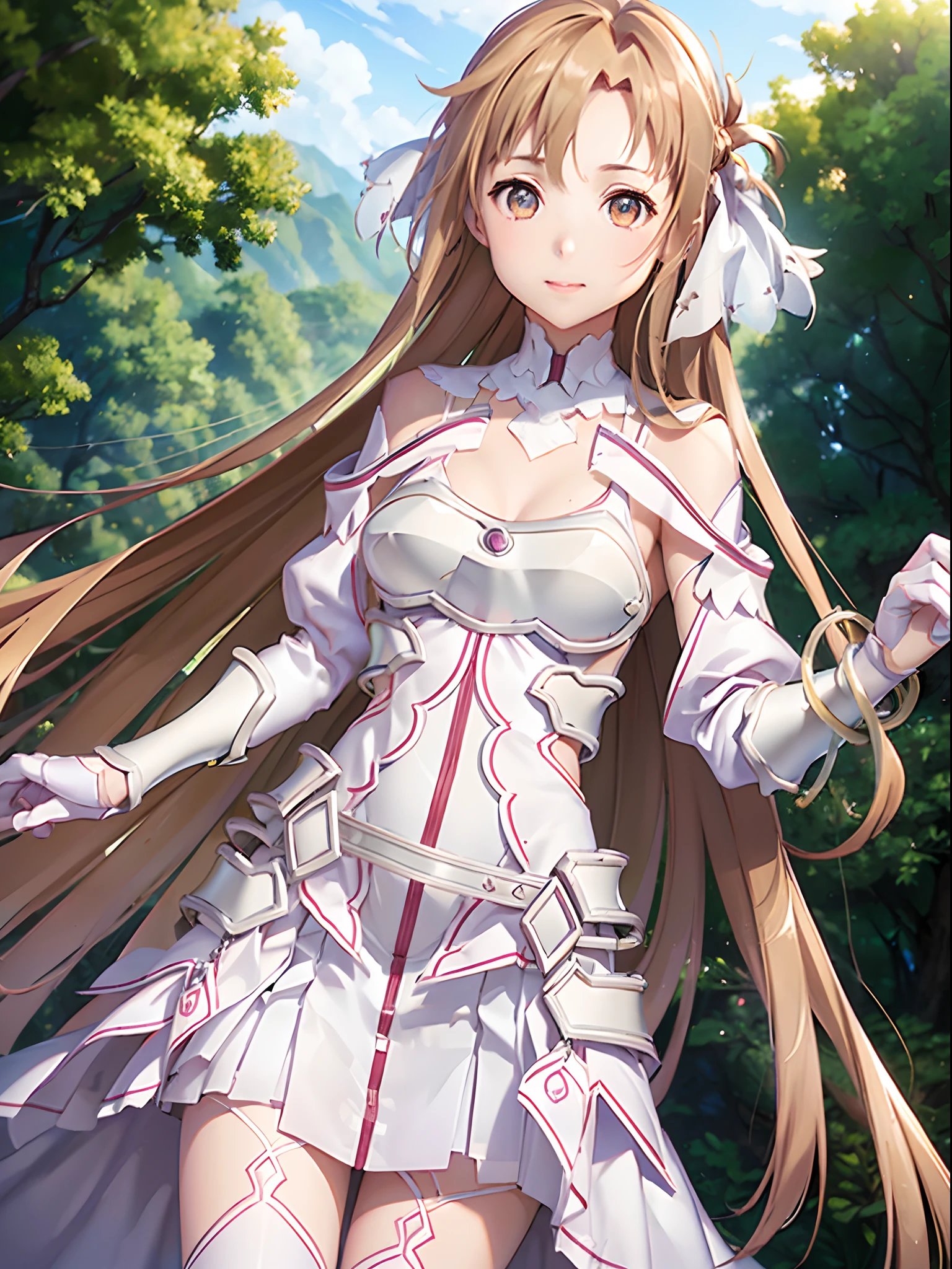 An ultra-high picture quality、(​masterpiece),illustratio,Stacia, Asuna, Asuna_\(stele\), 1girl in, Fantasia,((The sword、Longsword、Colorful eyes:1.15))、the whole、looking at from the front, landscapes, 上半身_Body, (standing on the grass), smil, 独奏, (They strive :1.2), length hair, A smile,, bangss, In the forest, orange color hair, gloves, doress、(cleavage of the breast:1.1)、bare shoulders​、Brown-eyed、Very long hair、white glove、robe blanche、open-chested、s Armor、garter strap、breezing、White armor,、[3D images:1.15],Attractive eyes、[[A detailed eye、Colorful eyes、radiant eyes:1.15]]、Cowboy Shot,8ＫImagen、(top-quality:1.2)