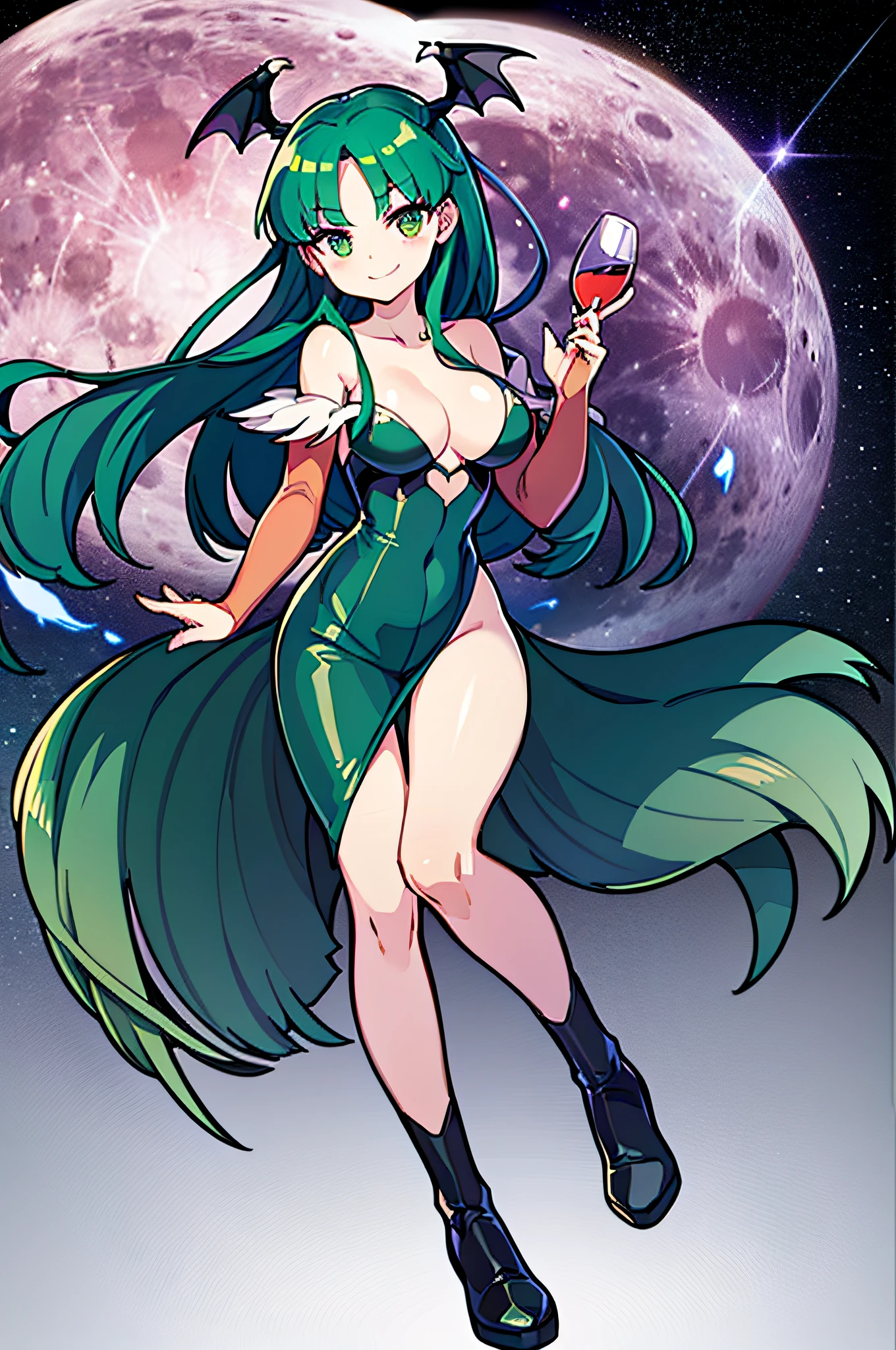 (Morrigan) (long green hair)(black leather clothes) (smiling) (full body) (highest quality) (high quality) (large moon and stars in the background) (Holding a wine cup with both hands)