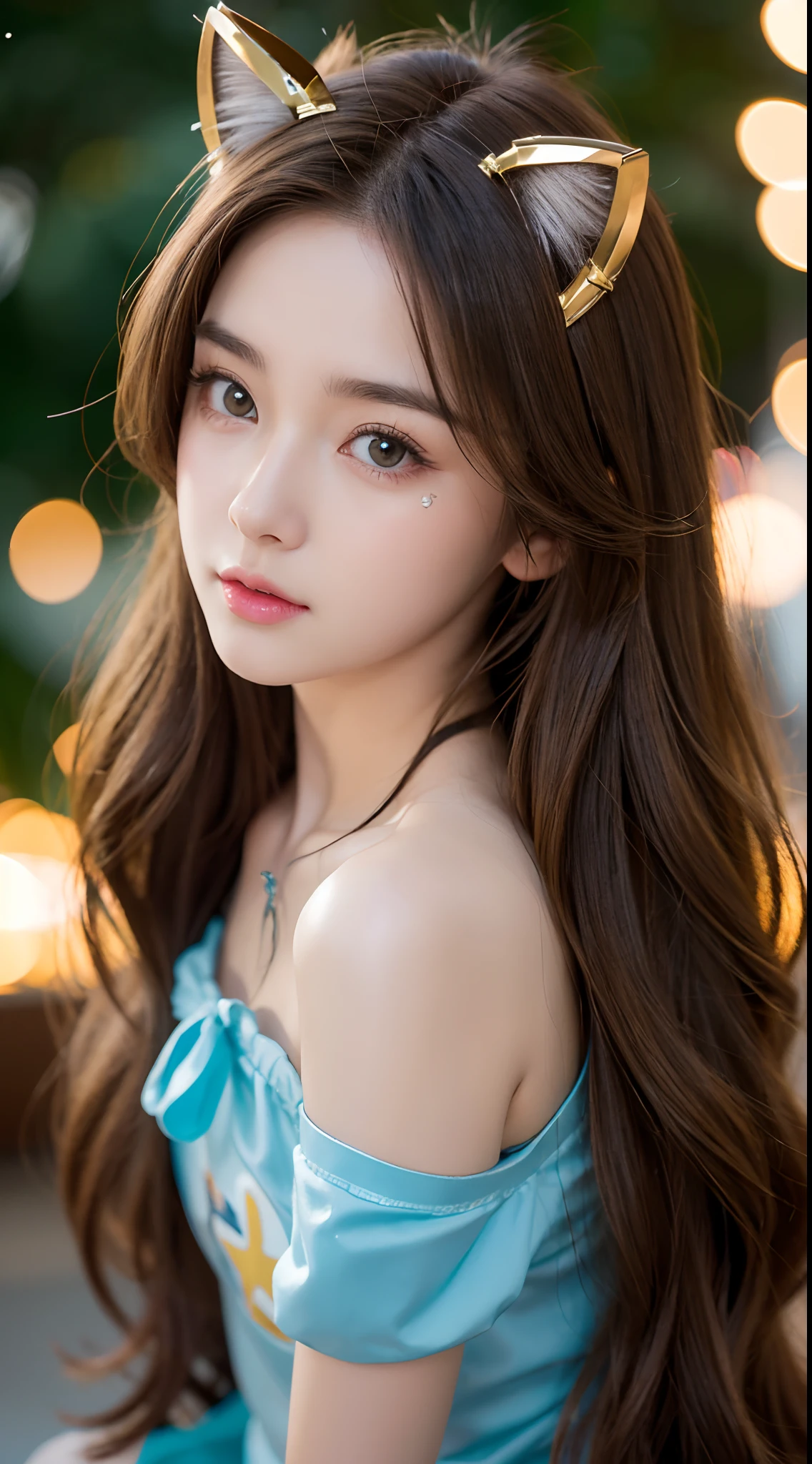 light brown hair, expressive hair, shiny hair, hair bell, goggles on head, star-shaped pupils, aqua eyes, cat ears, naughty, blind box toy style, stereogram, film grain, bokeh, first-person view, from above, 8k, super detail, 8k, best quality, high quality, super detail