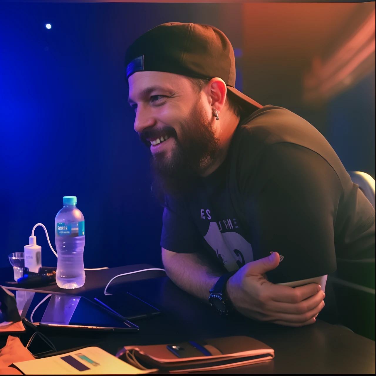 There's a man sitting at a table with a laptop and a bottle of water, jony ives, fotografia tirada em 2 0 2 0, Jonathan Winterhart, taken in the early 2020s, Condutor de Ene, foto de perfil 1024px, with red haze and a massive grin, foto de perfil, mutahar rindo, smug smirk