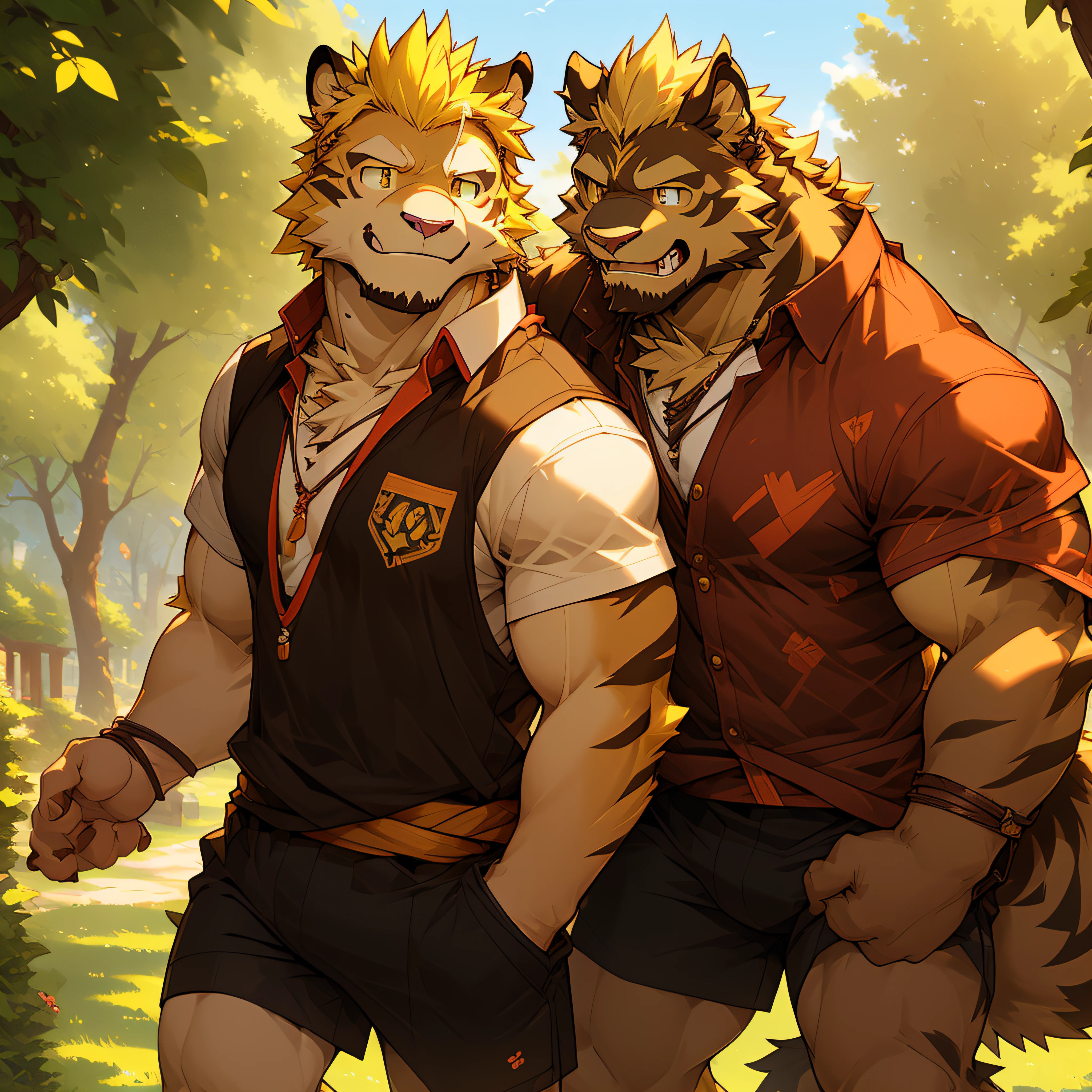 Double，CG quality，Excellent quality，Yellow-haired tiger orc youth，With civet cats with light brown-colored fur，Shota，snak，ssmile，Casual shirts，Sunny weather，morden style