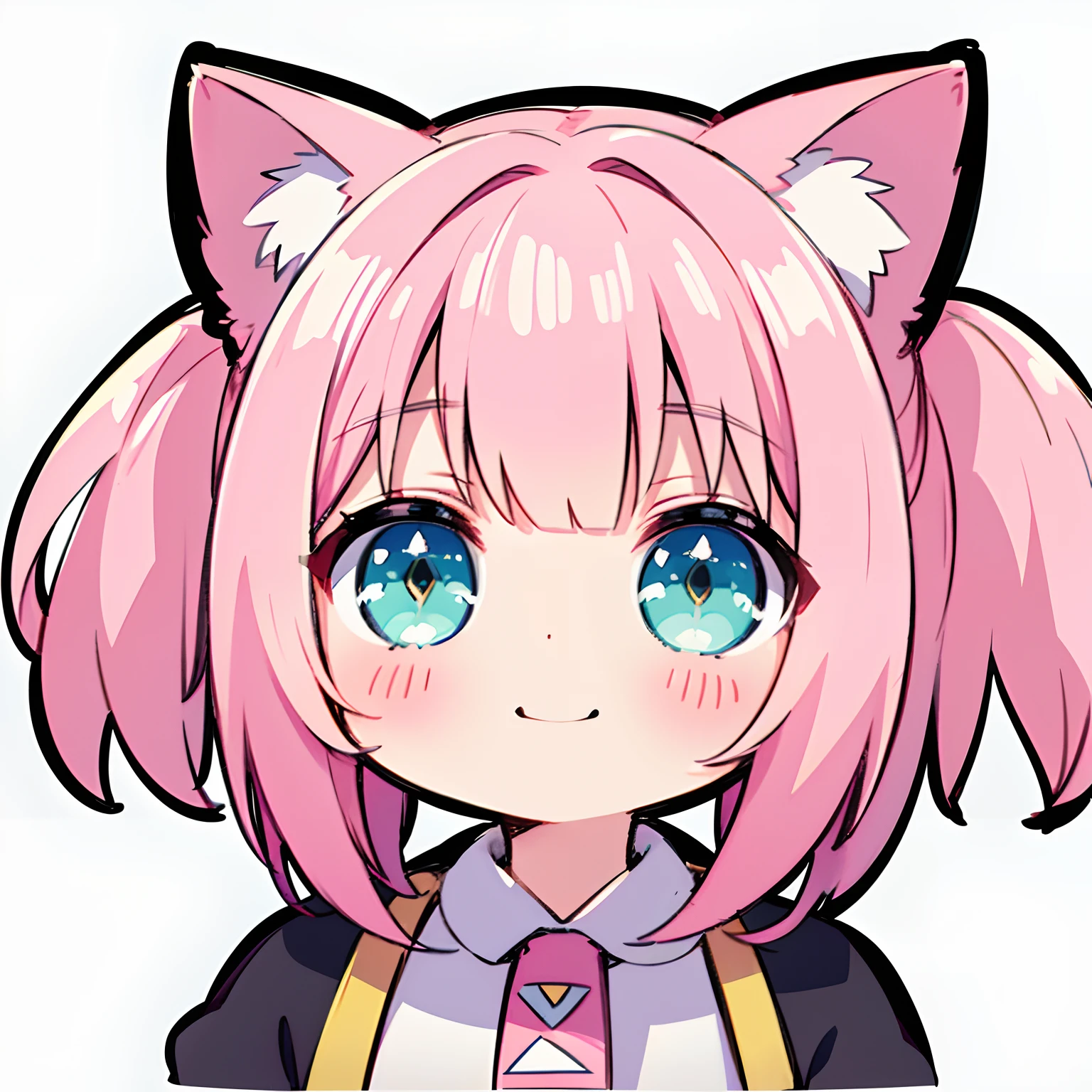 chibi head, 1girl, vtuber, neko kawaii girl, head floating in the air shot, in center of image, smol head, small, far away from view, chibi, pink-peach hair, bangs, pigtails, cat ears, green eyes, smiling, cute, pastel colors, flat coloring, simple lineart and coloring and shading, only her head visible, in the center of image, no neck, no torso, no arms, ONLY FLOATING HEAD, simple background