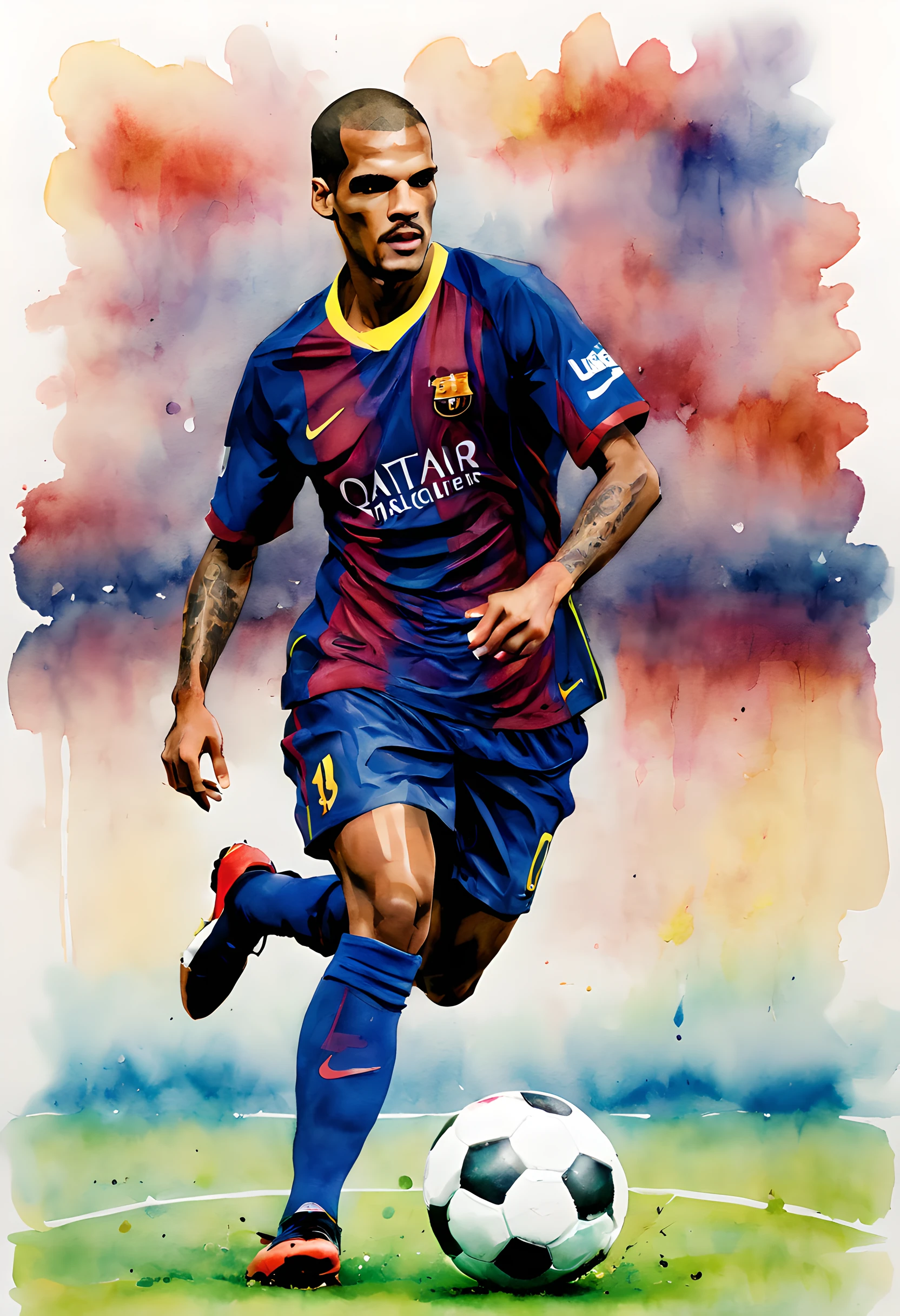 (Play soccer:1.5), (ink and watercolor painting:1.5), (Tasteful:1.5), (ink and watercolor painting:1.5), (full color:1.5), 8k, 4k, (magic:1.5), (dripping paint;1.5), dynamic, (Rivaldo:1.5),(barcelona:1.5),(UEFA CL:1.5), (Direct Volley Shoot:1.5),