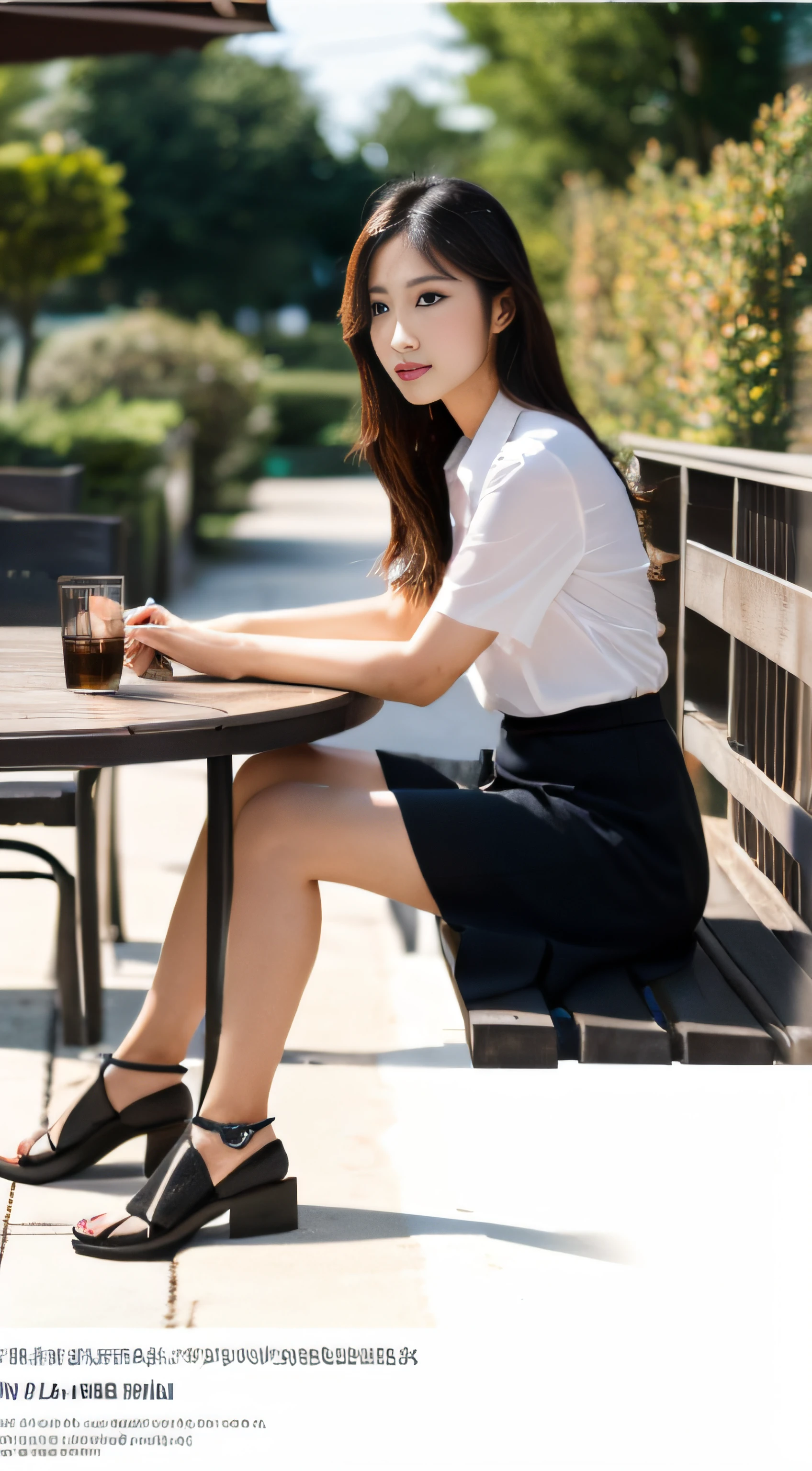 (best qualtiy, 8k, tmasterpiece:1.3),(sideview:1.4),(Full Length Shot:1.4),An Asian woman sitting at a table,Sit Pose,Look down at the computer,2 4 female,(outdoor:1.4),(Focus on work:1.4) (perfect figure beautiful woman:1.4), (Cut hair in layers:1.1),(middlele longhair:1.1) (Whit shirt:1.4),(black long skirt:1.1),(cleavage:1.1),Highly detailed facial and skin texture,