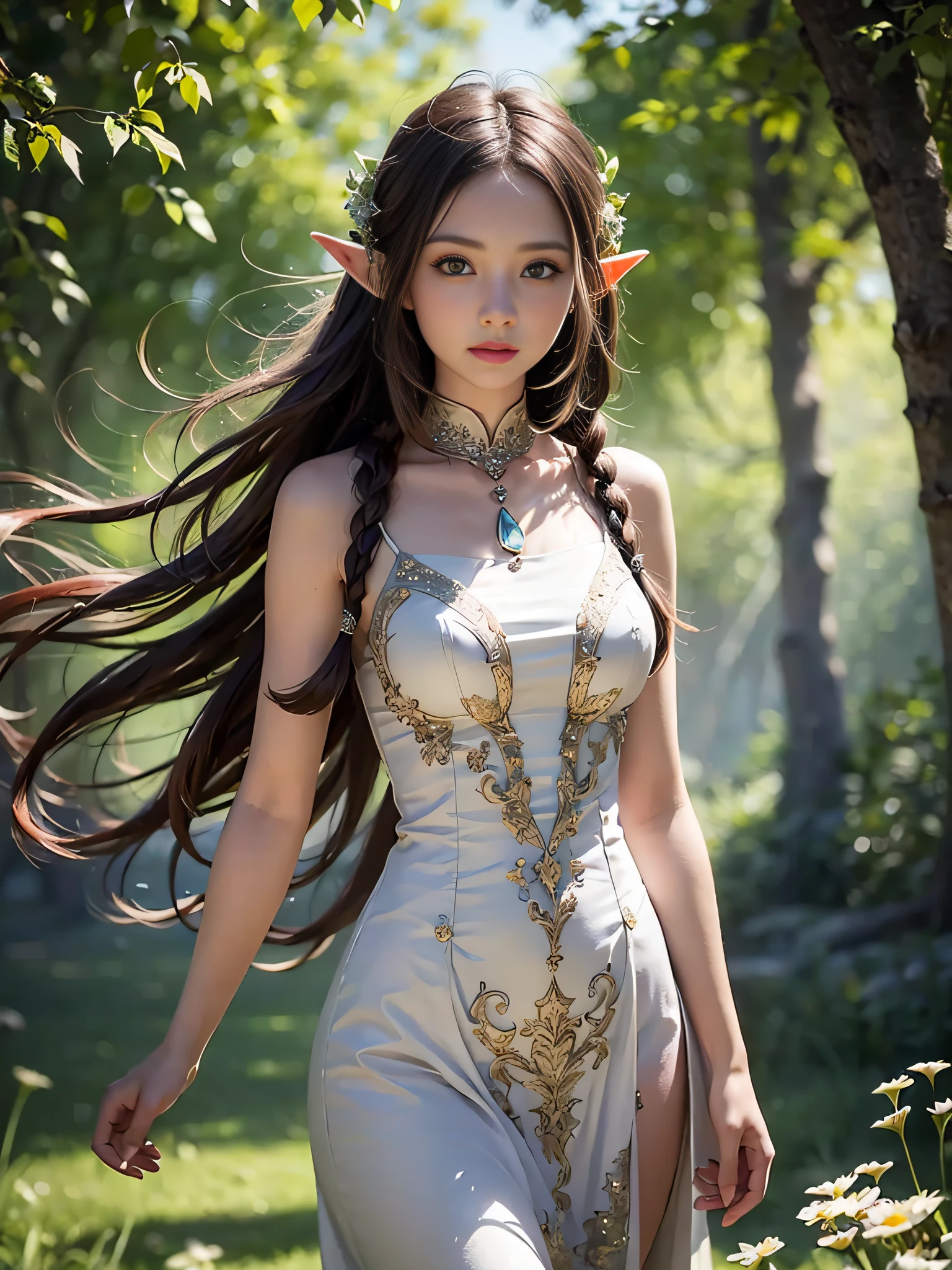 Graceful elven girl standing in meadow, Delicate face illuminated by the soft light of the setting sun. Her long, Flowing hair runs down your back, Decorated with intricate braids、Adorned with sparkling gemstones. This stunning picture is、、It captures the ethereal beauty of elves. Slender figure in a silk dress、Swaying in the soft steppe breeze. Attention to detail、Face that is、It is evident in the intricate patterns of the dress and the subtle highlights of the luminescence. skin. The breathtaking portrayal of the elven girl is、、Create an enchanting atmosphere、It invites the viewer to a magical world.